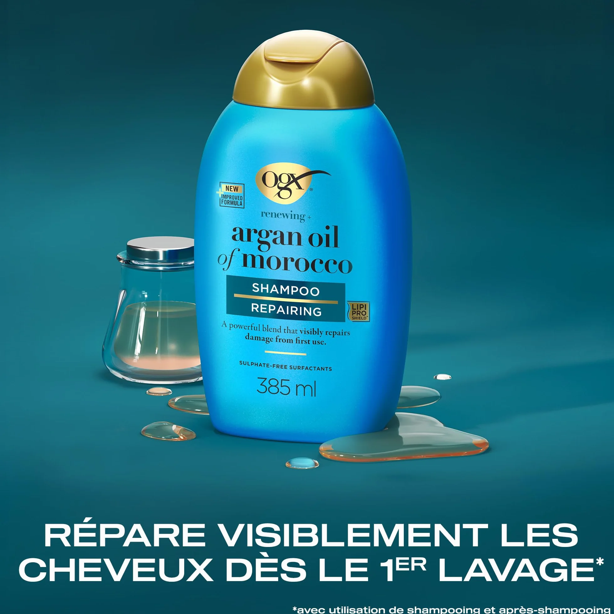 OGX Shampooing Réparateur Huile d'Argan du Maroc 385 ml – Soin capillaire pour cheveux secs et abîmés sans sulfate