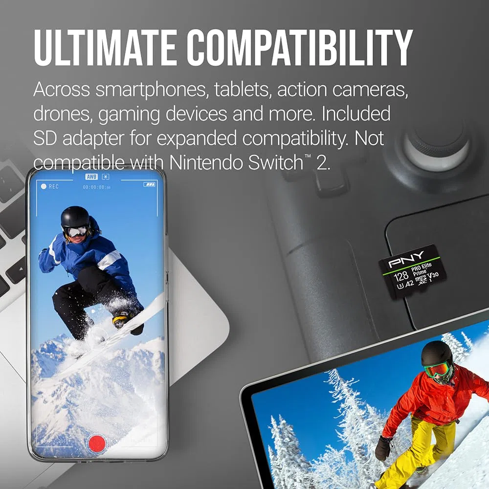 PNY 2X 128GB Pro Elite Prime C10 U3 V30 A2 microSDXC Carte Mémoire Flash