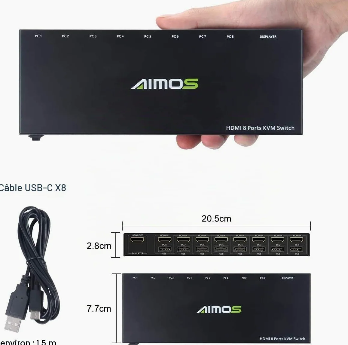 AIMOS KVM Switch HDMI, USB Commutateur 8 Port avec 4K@30Hz Ultra HD 1080P 3D avec Windows 2000/XP/Vista Linux et Mac pour PC Surveiller Clavier Souris