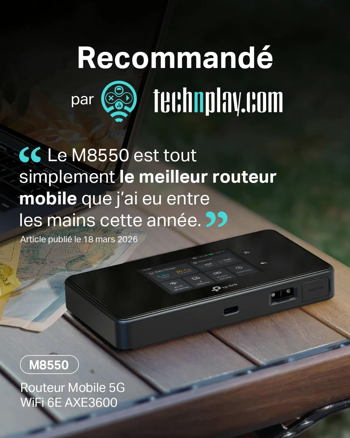 TP-Link M8550 Routeur Mobile 5G Tri-Band, WiFi 6E AXE3600, Jusqu’à 3.4 Gbps, 32 Appareils, Batterie 4680 mAh, Antenna Ports, Écran Tactile, déverrouillé Toutes Les Nano SIM, USB-C, 1 WAN/LAN Gigabit