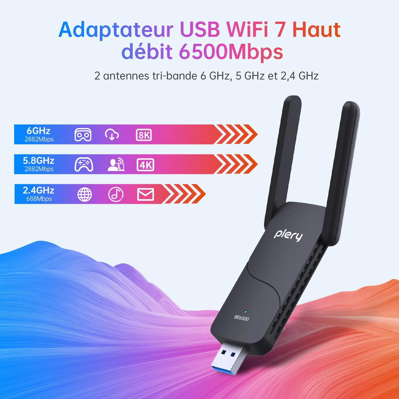 BE6500 Clé WiFi 7 Adaptateur Réseau sans Fil Tri-Bande 6GHz 5GHz 2.4GHz USB Longue Portée Antenne à Gain Élevé Compatible Windows 11/10 WPA3