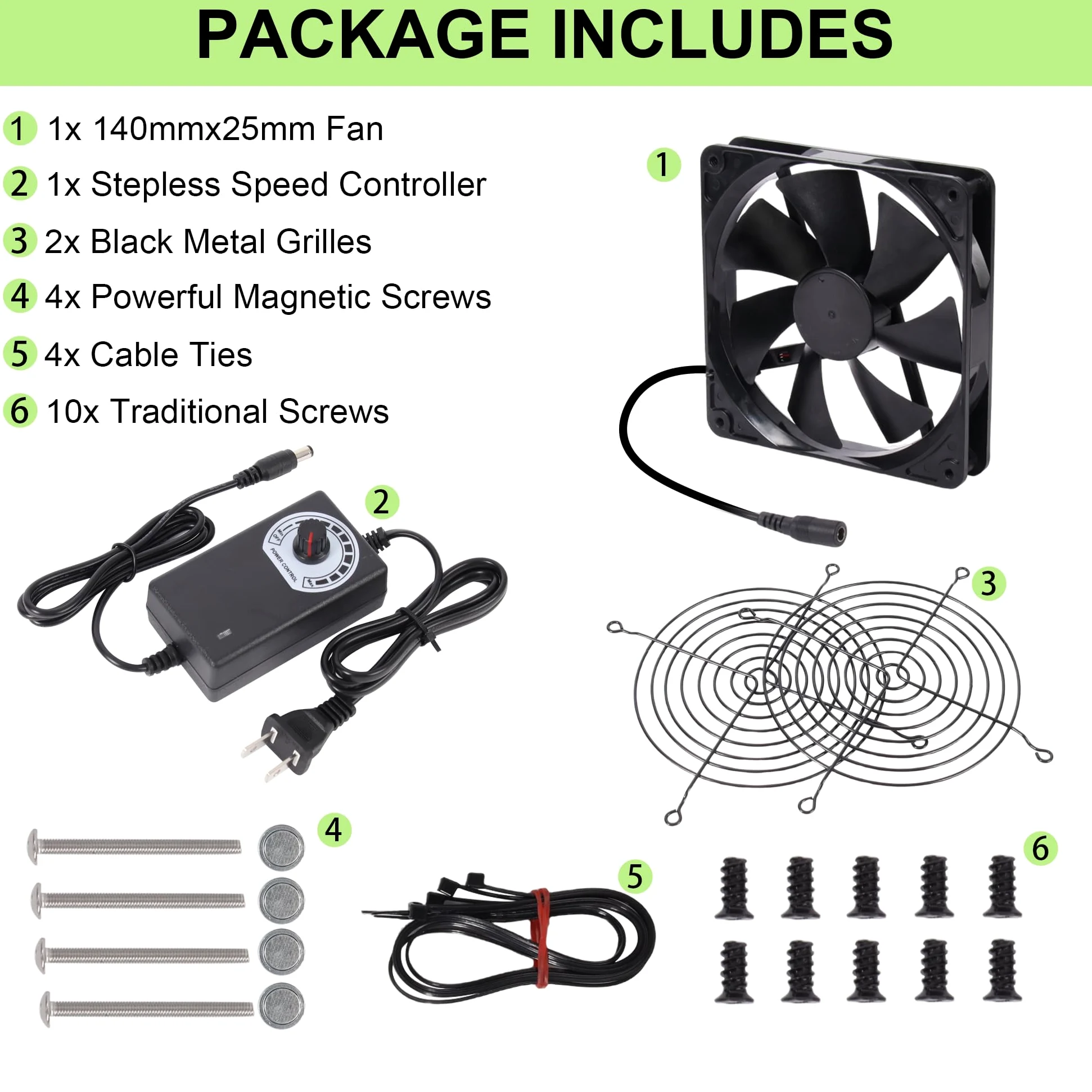 Ventilateur de refroidissement pour ordinateur avec vis magnétiques et vitesse réglable - Flexible pour armoire, serveur, plate-forme minière, poulailler et plus encore - 140 mm x 25 mm