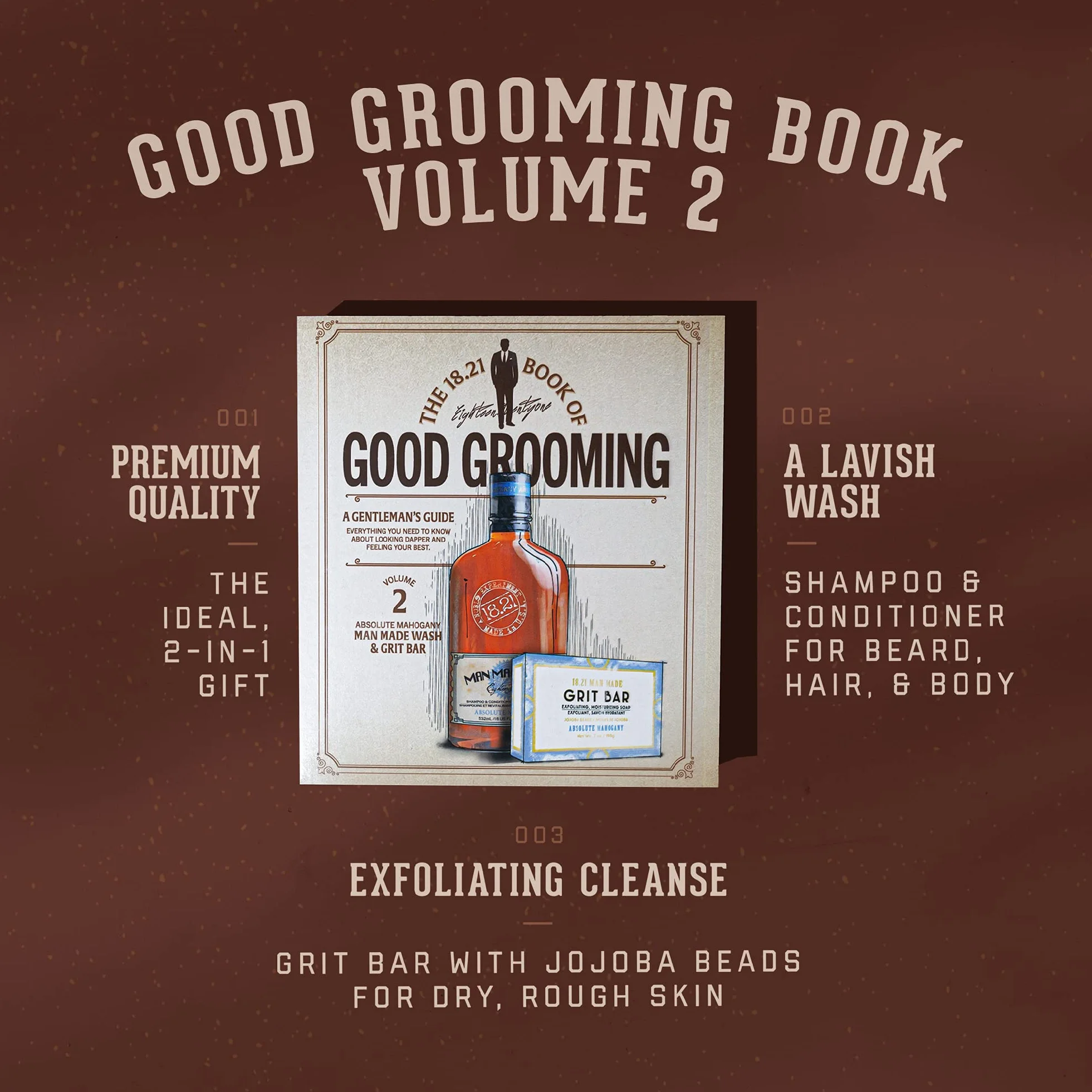 18.21 Man Made Book of Good Grooming Volume 2 Set Absolute Mahogany 2 Pc 18oz Wash 3-In-1 Shampoo Conditioner Body Wash 7oz Grit Bar