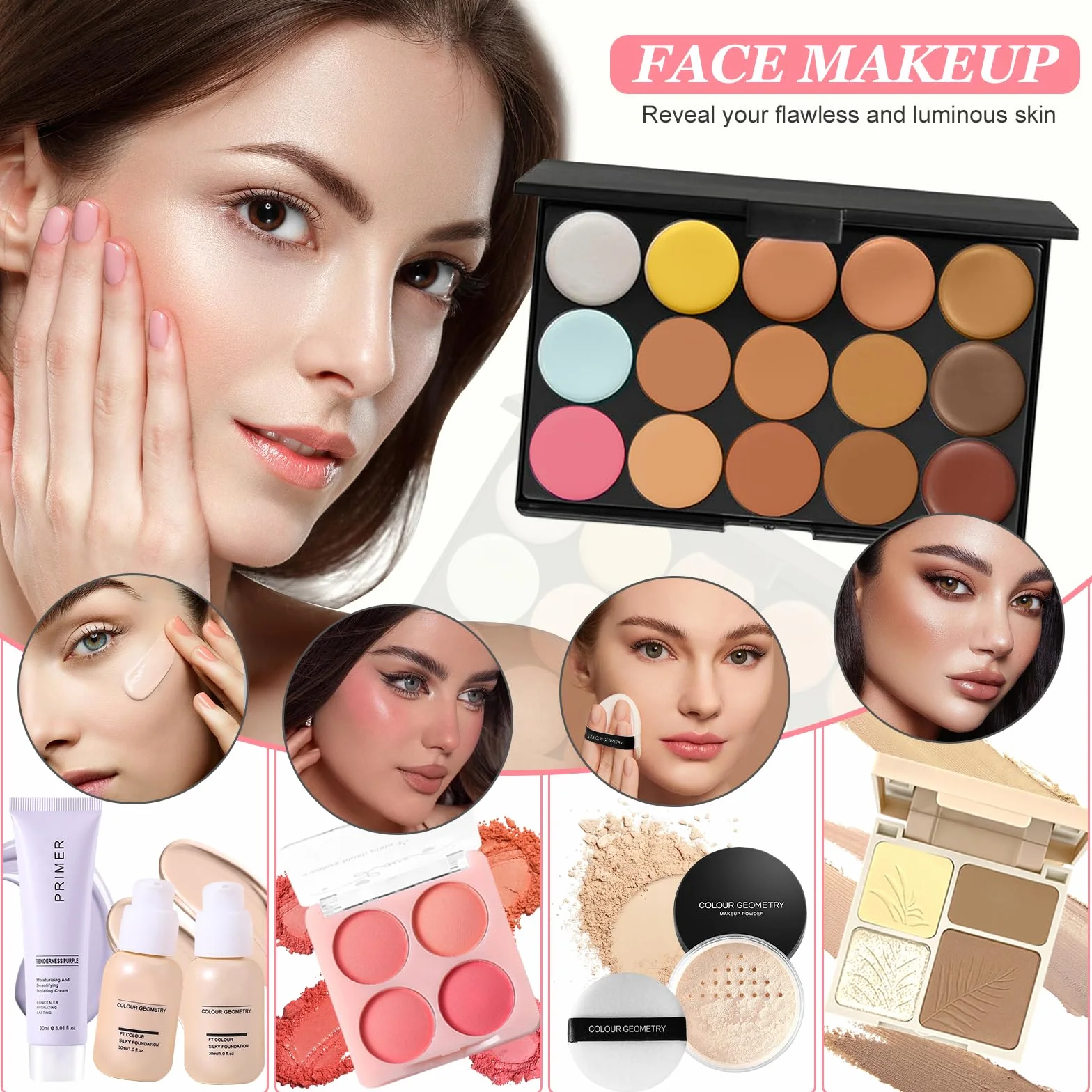 Kit Maquillage Femme, Coffret Cadeau Maquillage avec Palette Yeux Correcteurs Fond Teint Mascara Gloss Lèvres Eyeliner Crayon Sourcil Trousse Voyage