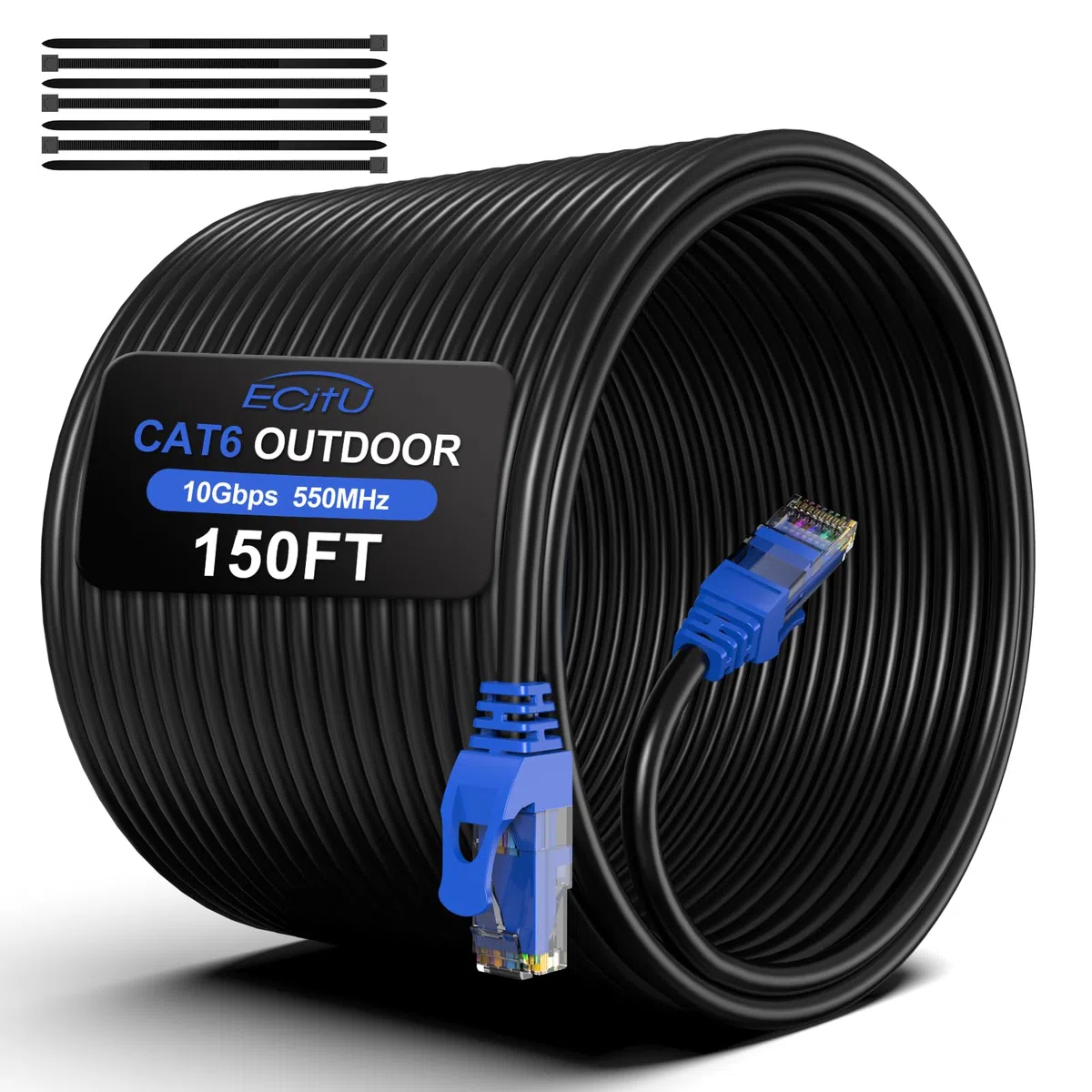 Câble d'extérieur Cat6 - 45 m - Câble Ethernet Cat 6 - 24 AWG CCA, UTP (non blindé), imperméable, résistant aux UV, à enfouir directement, réseau, Internet, RJ45 LAN avec 25 serre-câbles