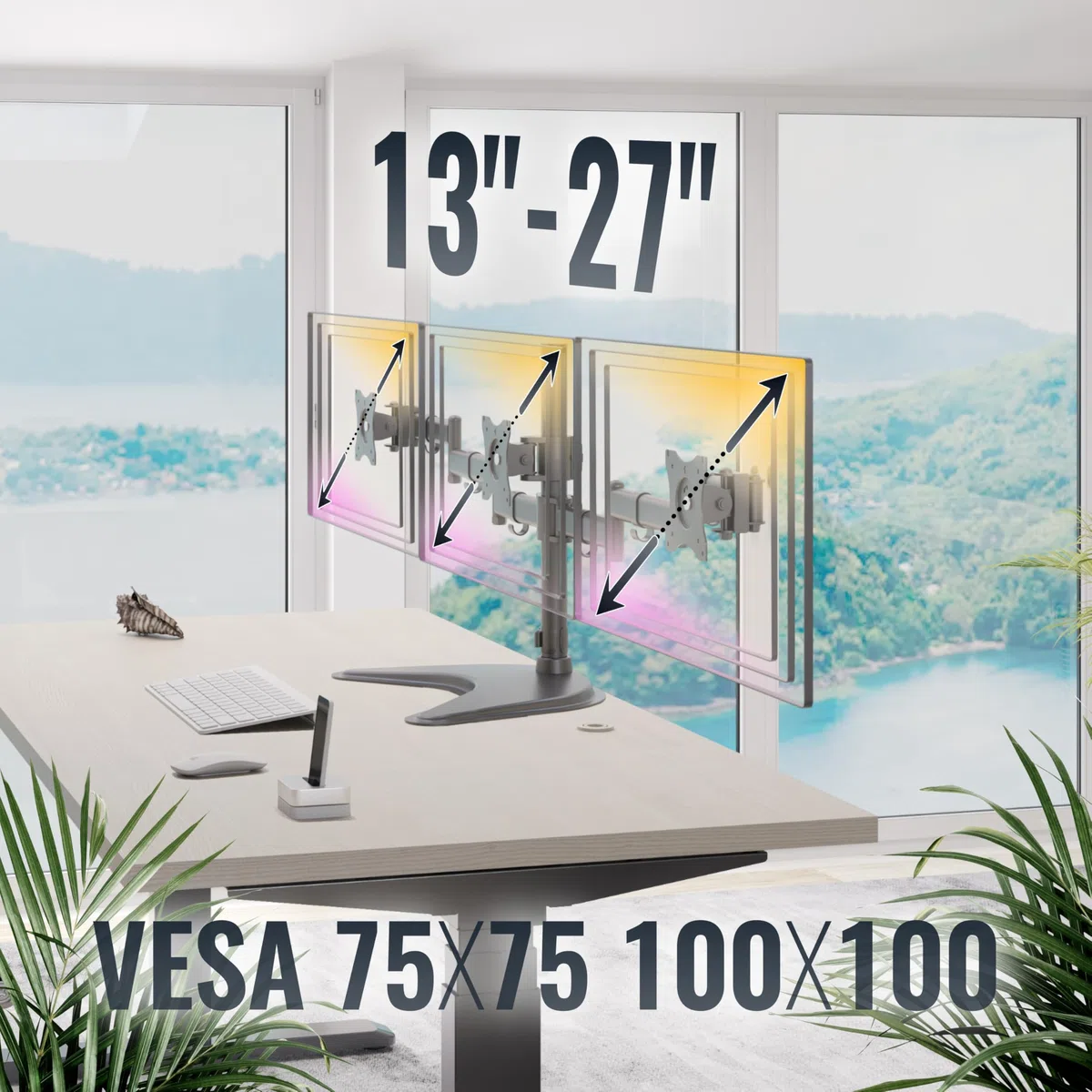 RICOO TS7511 Triple Support Écran PC 3 Écrans 13 17 19 22 24 27 Pouces Orientable Inclinable Rotatif Universel Fixation Bureau Pince de Table VESA 75x75 100x100