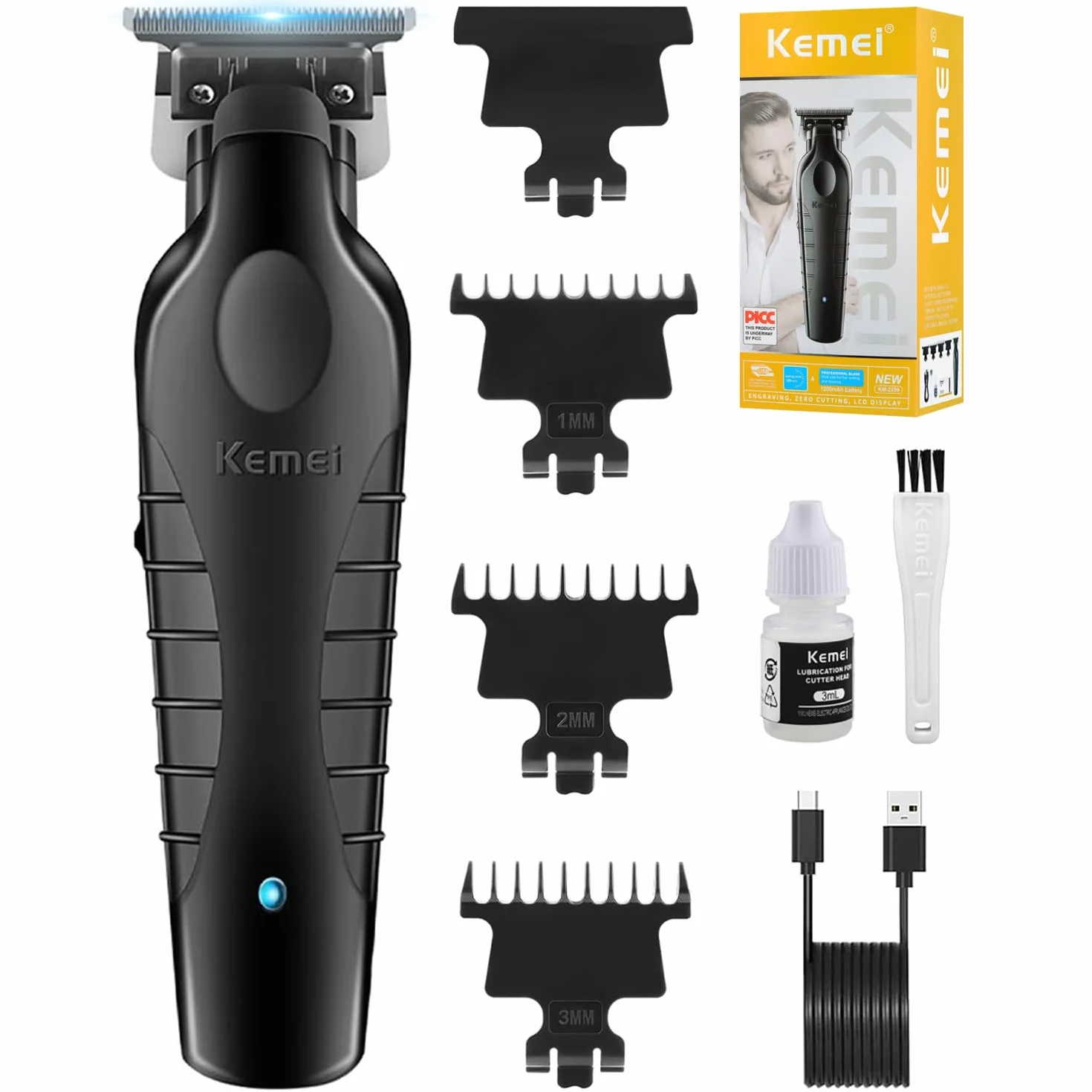 KEMEI 2299 Professionnelle Sans Fil Tondeuse Cheveux Hommes, Tondeuse Barbe Homme électrique, Tondeuse à Lame en T Zéro écartement Pour Homme