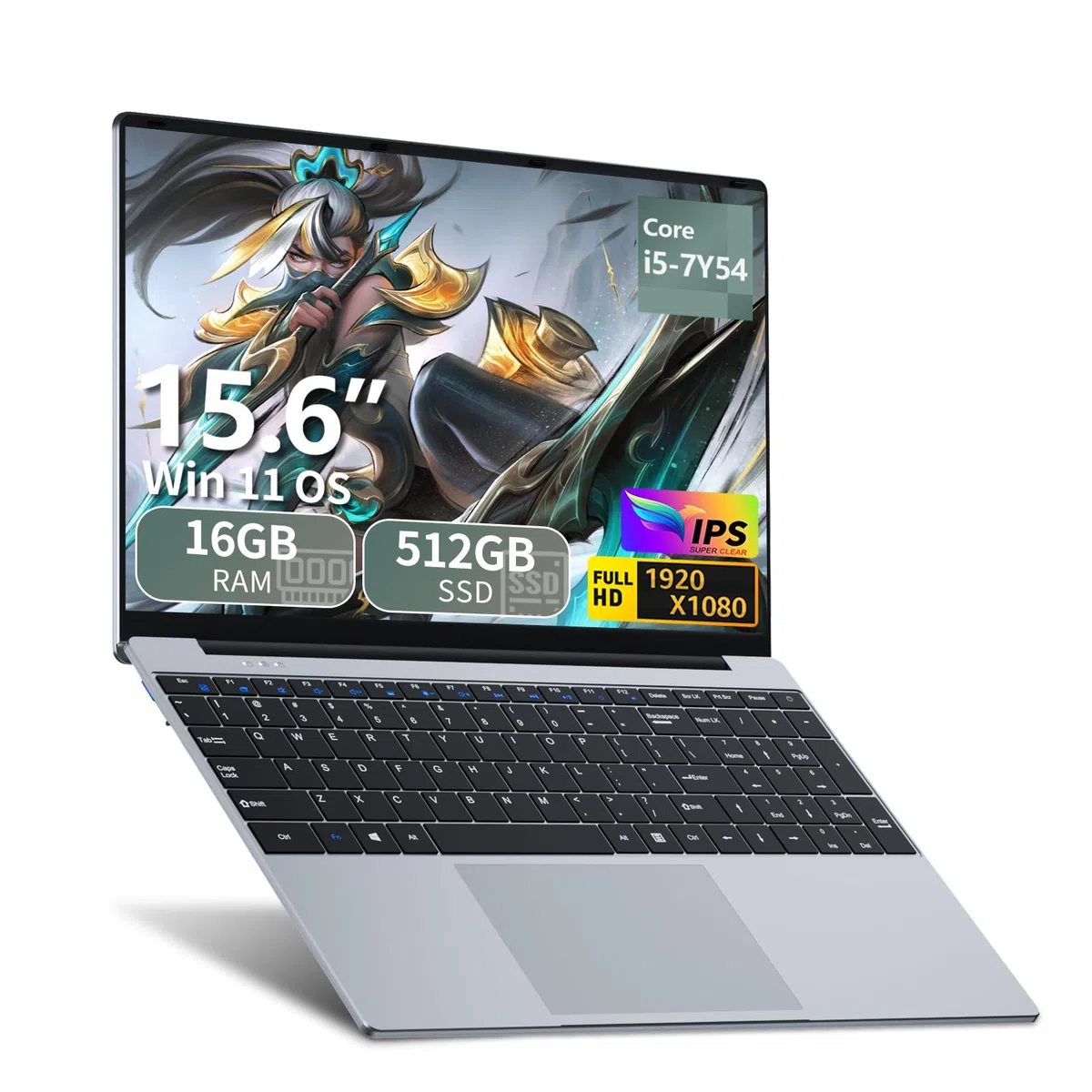 Ordinateur Portable 15.6" PC Portable Win 11 Core i5-7Y54 Processeur(Jusqu'à 3,2 GHz) Office 365, 16 Go RAM SSD 512 Go, Laptop FHD IPS Clavier Rétroéclairé, WiFi 5, Bluetooth 4.2 Mini-HDMI USB 3.0