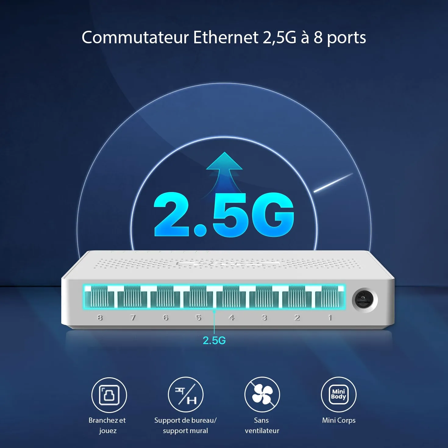Tenda Switch Ethernet 2.5Gbps, 8 Ports Switch 2.5 Gigabit, Unmanaged, Compatible avec 100/1000/2500Mbps pour PC NAS, Plug-and-Play, sans Ventilateur (SE108)