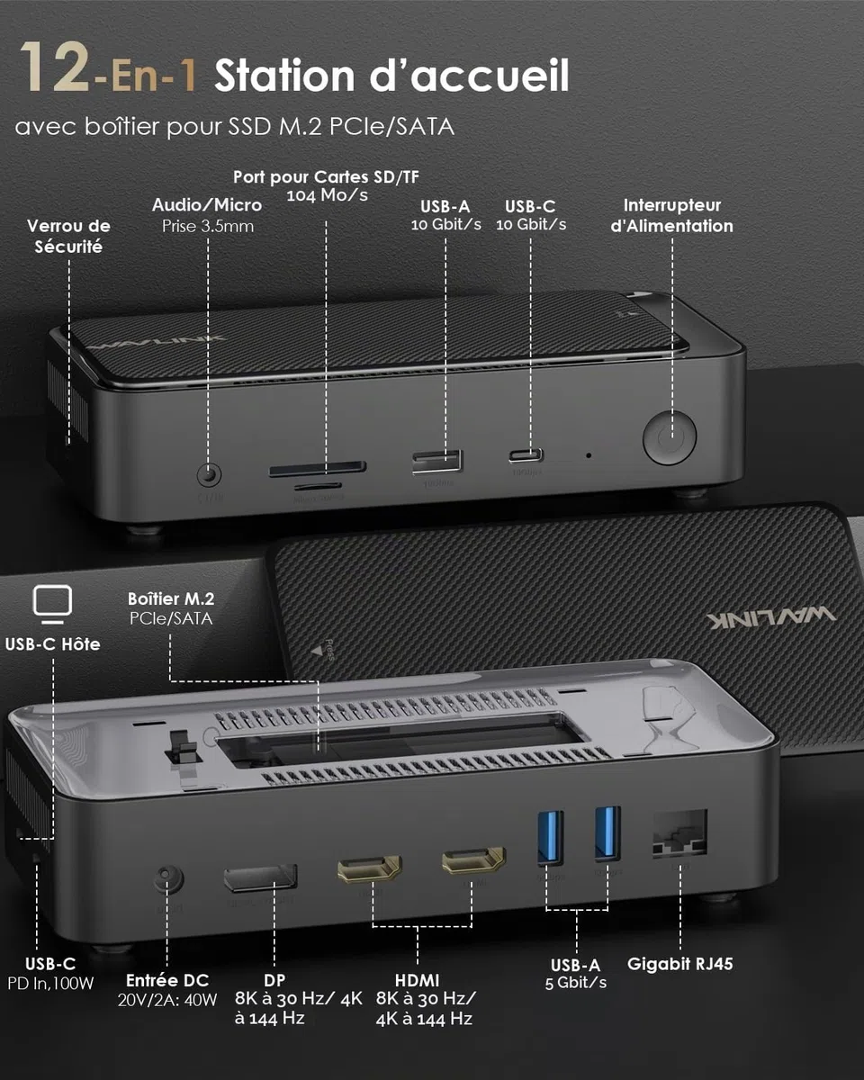 WAVLINK Station d'accueil pour Ordinateur Portable pour Trois écrans (8K @ 30Hz/4K @ 144Hz), Station d'accueil USB-C avec boîtier SSD M.2 PCIe/SATA, Prend en Charge 100 W Power Delivery, USB C/A, SD