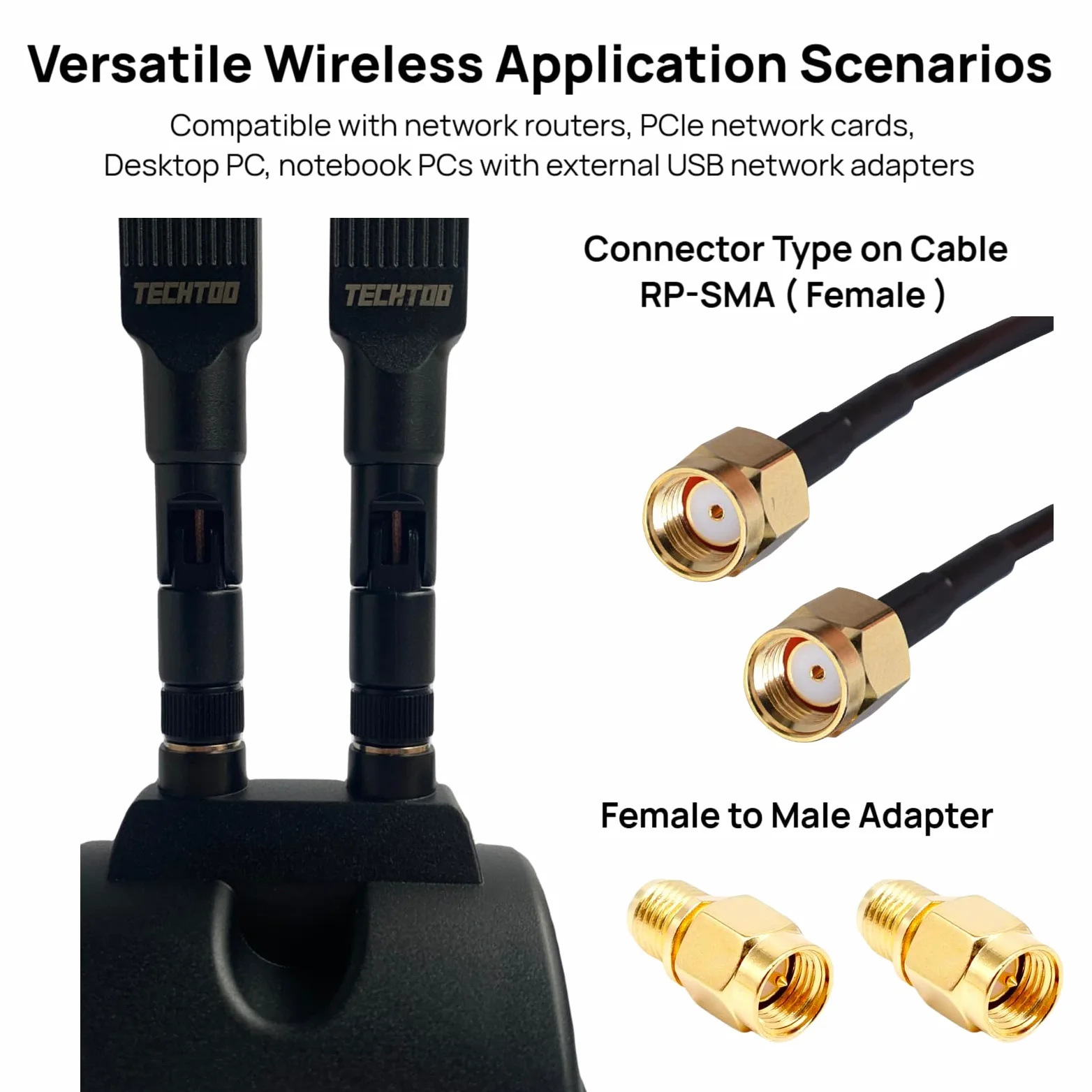 TECHTOO Antenne WiFi 12 dBi double bande 2,4 GHz 5 GHz RP-SMA Antennes WiFi avec base magnétique et câble d'extension de 1,2 m pour PC de bureau, ordinateur de bureau, carte réseau sans fil, carte