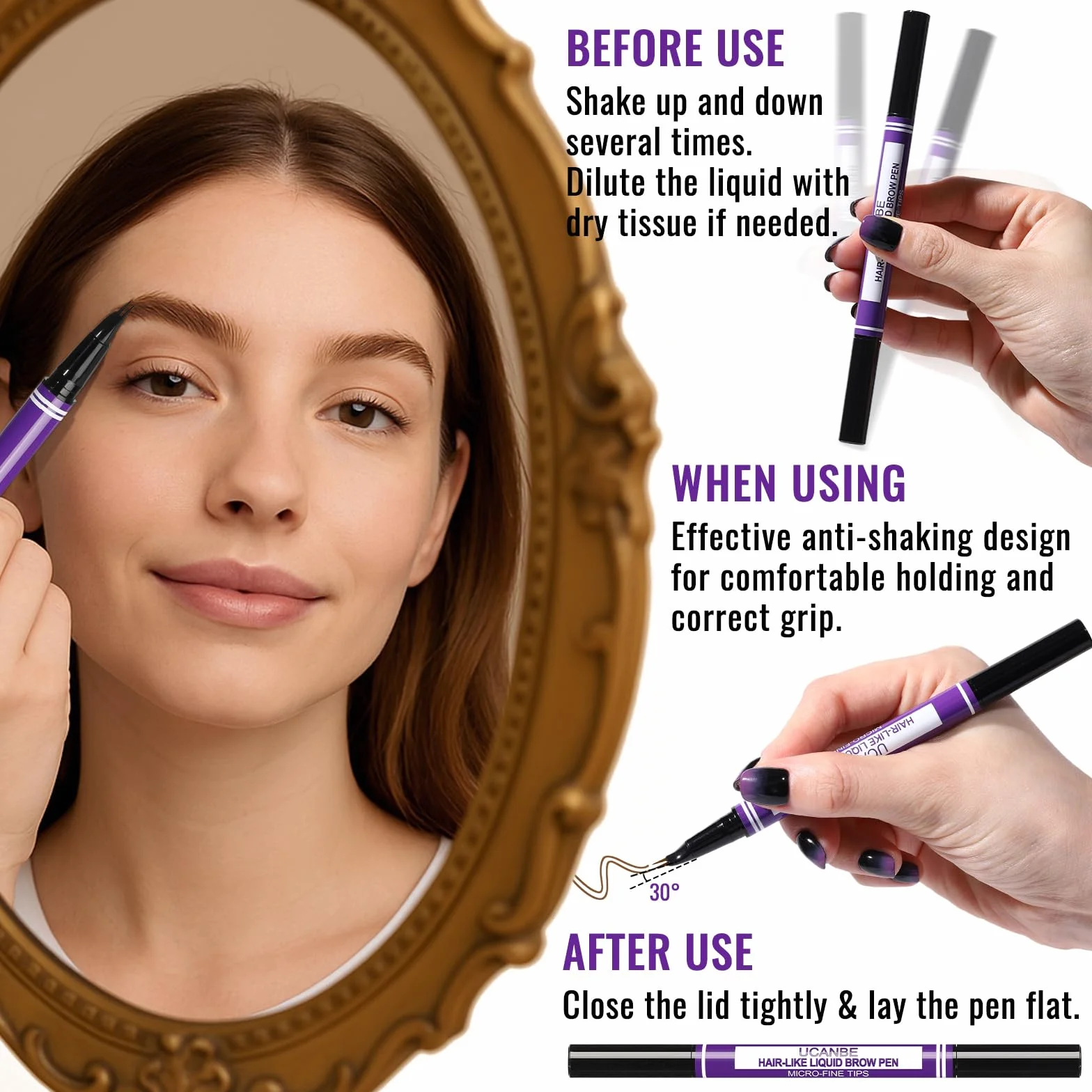 UCANBE Stylo Sourcils 2-en-1 Effet Microblading Waterproof Longue Tenue 24H Pointe Fourchette Précise Brun clair