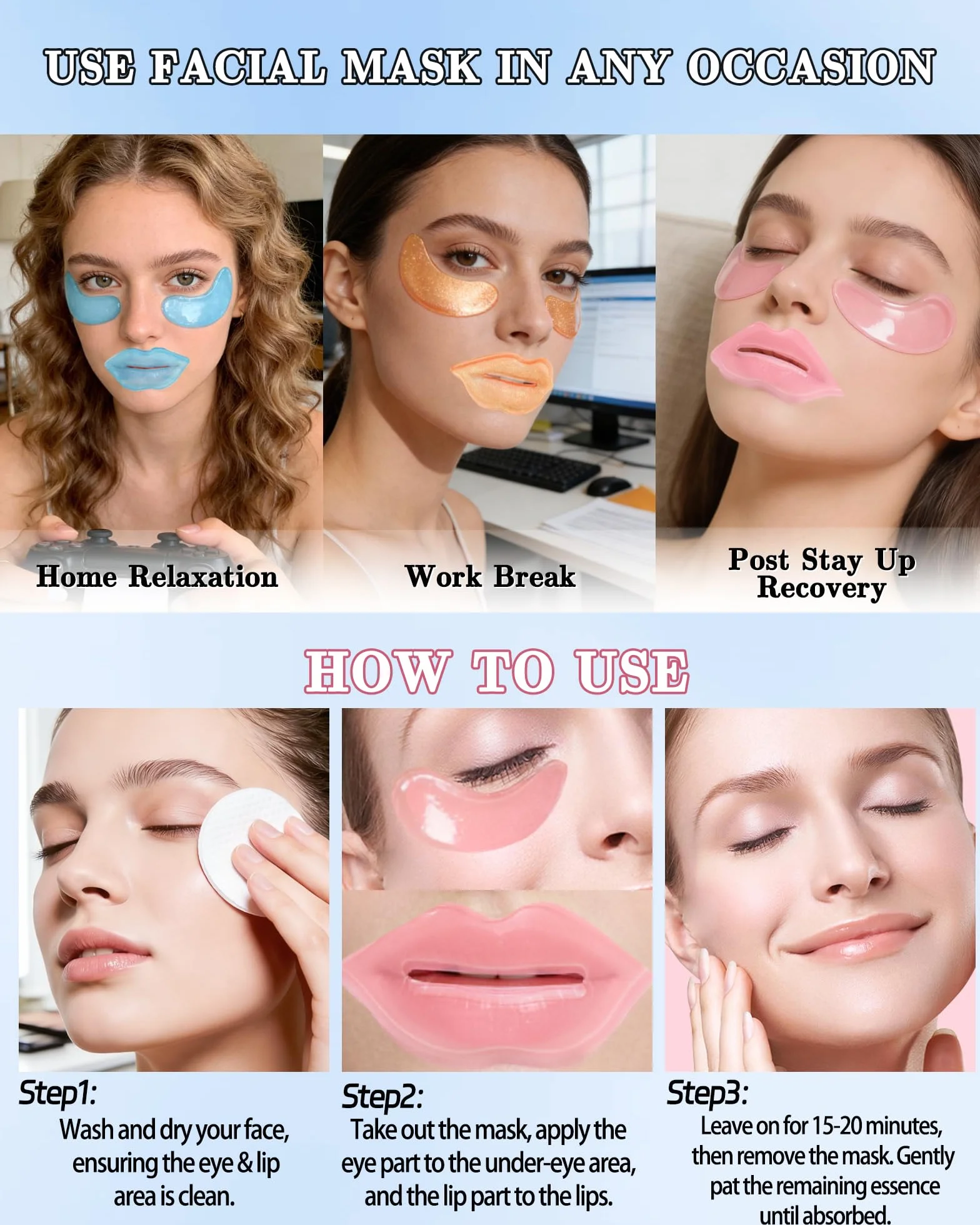 Lot de 8 Masques Yeux et Lèvres au Collagène Cristal Pêche Patchs Anti-Cernes Poches Rides Set Soins Cadeau Femme