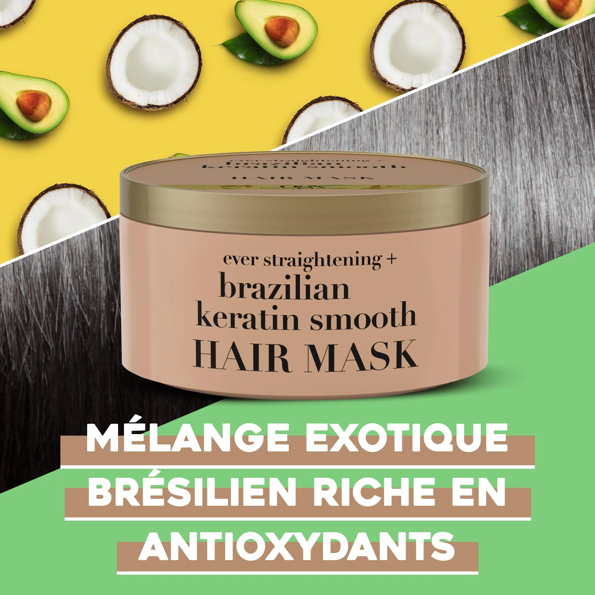 OGX Masque capillaire lissant à la kératine brésilienne 300 ml pour cheveux brillants et doux