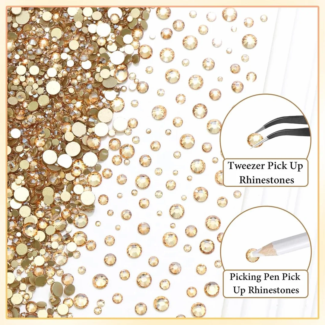 Strass Nail Art 1440 Gems à Dos Plat Rond Cristal 6 Tailles avec Pincette Pick Up Stylo Pointeur Champagne Doré