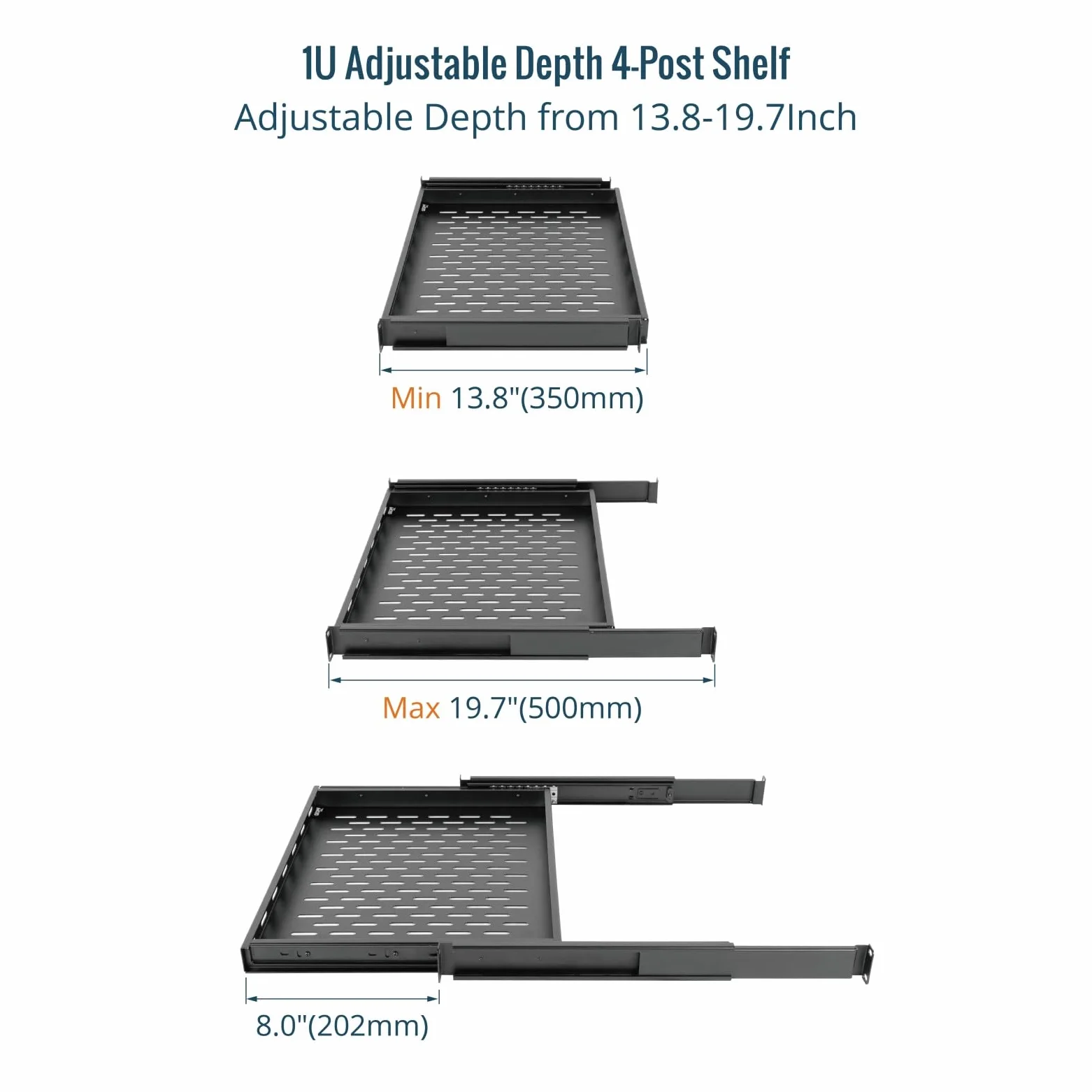 Tecmojo Rack de serveur à 4 montants 1U et étagère réseau coulissante profondeur réglable 350 mm-500 mm avec vis M6 et butée antidérapante