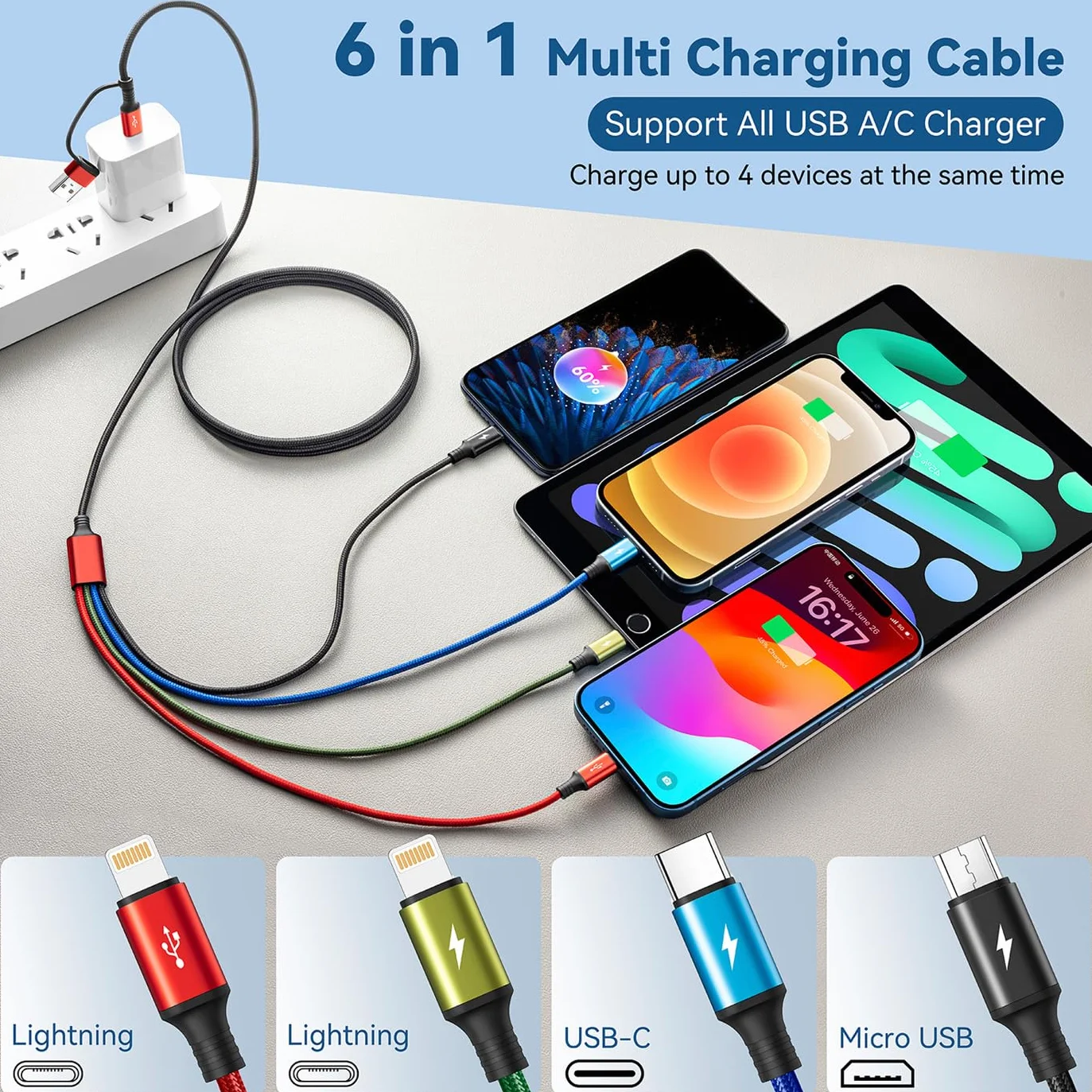 Minlu Câble de Charge 4 en 2, Cable Multi Embout avec Transfert de Données 3,5A 1,2M Nylon USB Rapide Micro/Type C/Lightning