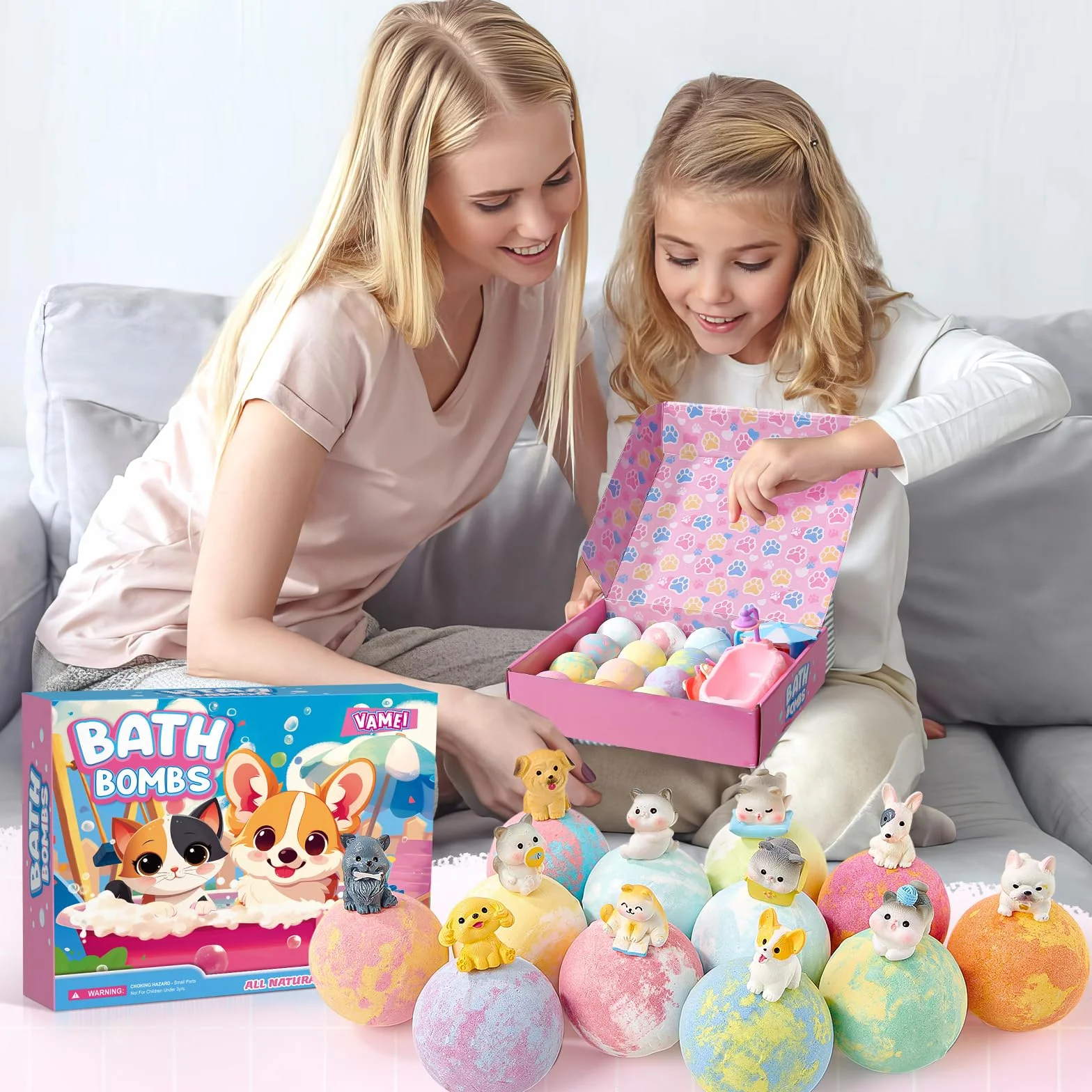 Bombe de Bain Enfant Surprise 12pcs Boule de Bain avec Jouets Chiens Chats Aromatherapie Cadeau Anniversaire Garçons Filles