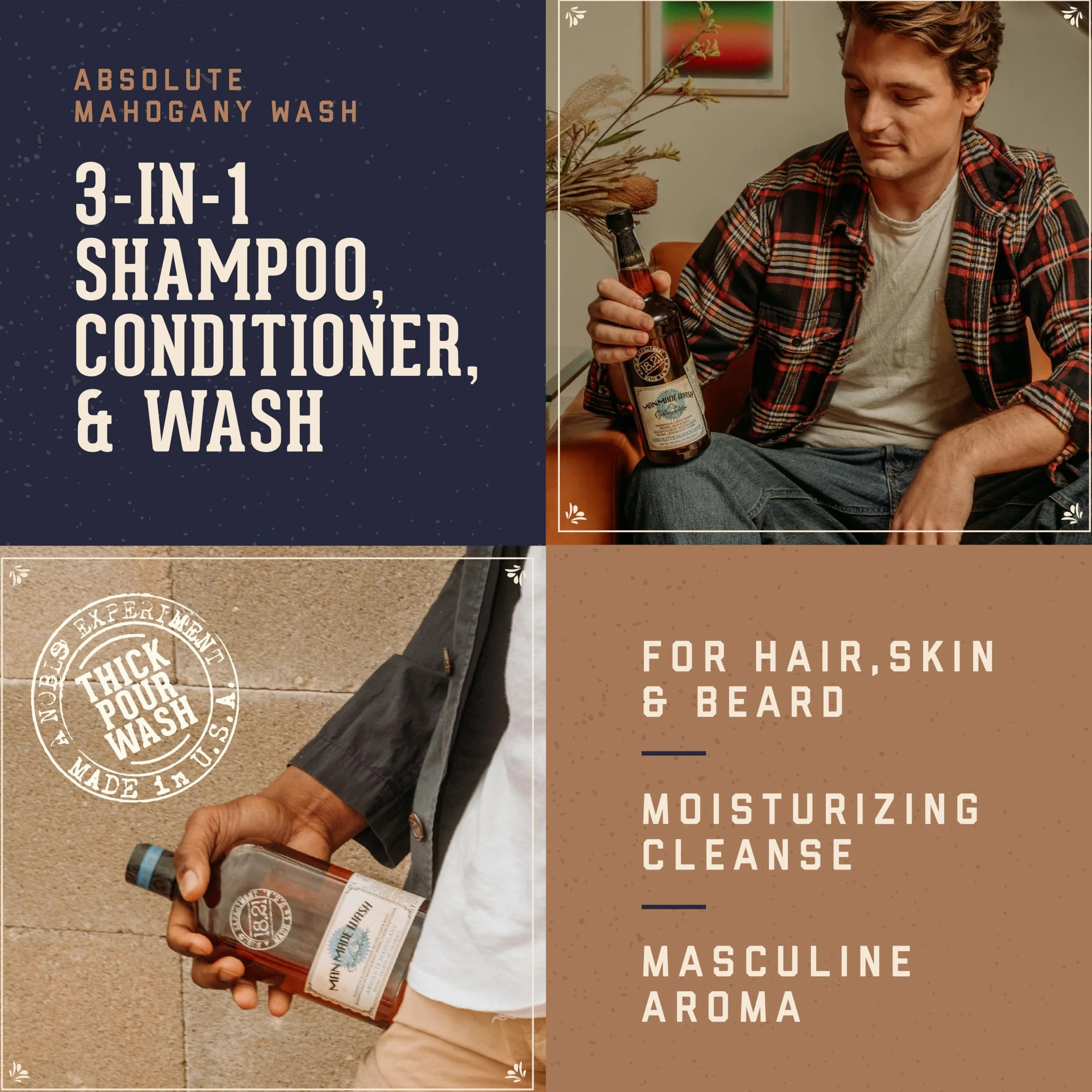 18.21 Man Made Absolute Mahogany 3-In-1 Shampoo Conditioner Body Wash 18 oz