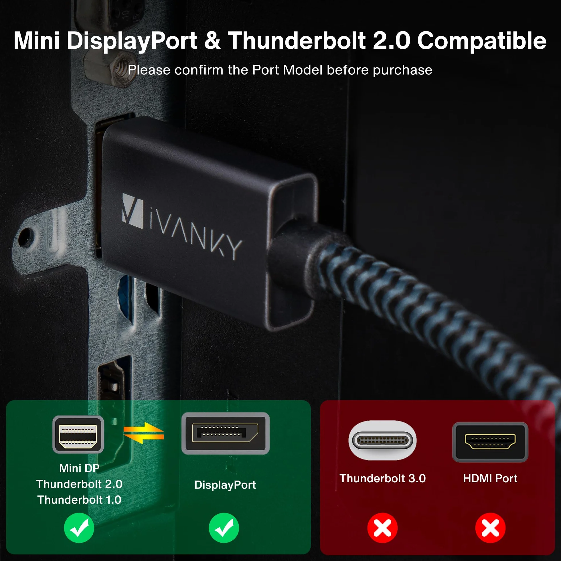 IVANKY Câble Mini DisplayPort vers DisplayPort 2m 8K@60Hz 4K@240Hz Nylon Tressé Plaqués Or 24K Gris