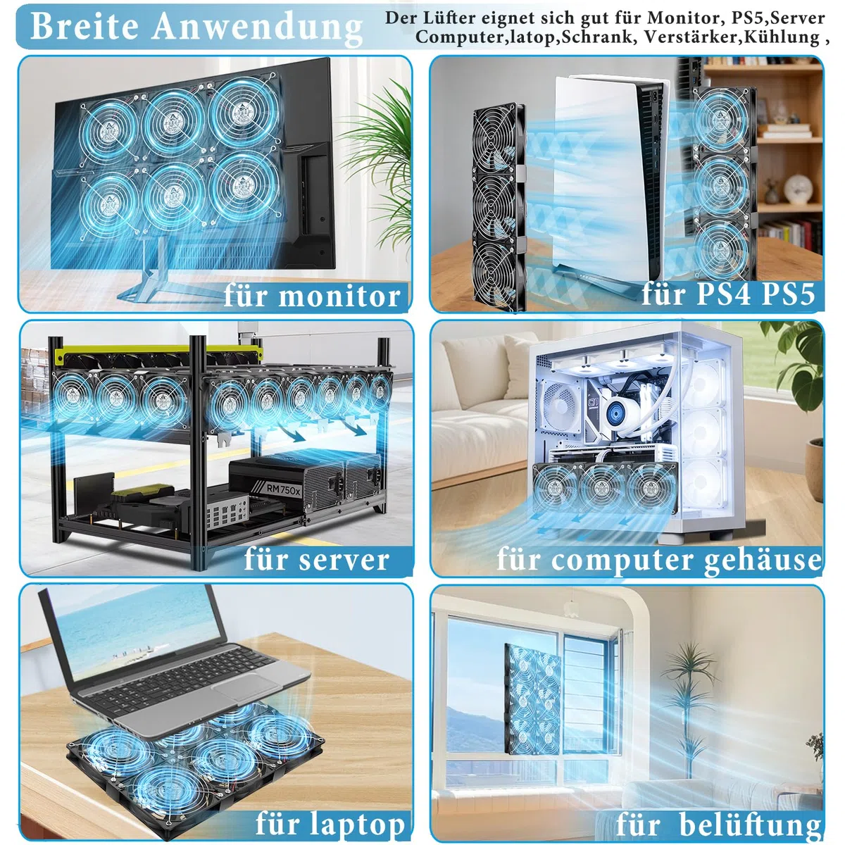 GDSTIME Lot de 6 ventilateurs 120 mm 230 V Dual 360 mm 220 V Ventilateur PC 3000 tr/min CC 4 V-12 V Vitesse réglable pour serveur d'ordinateur Serre