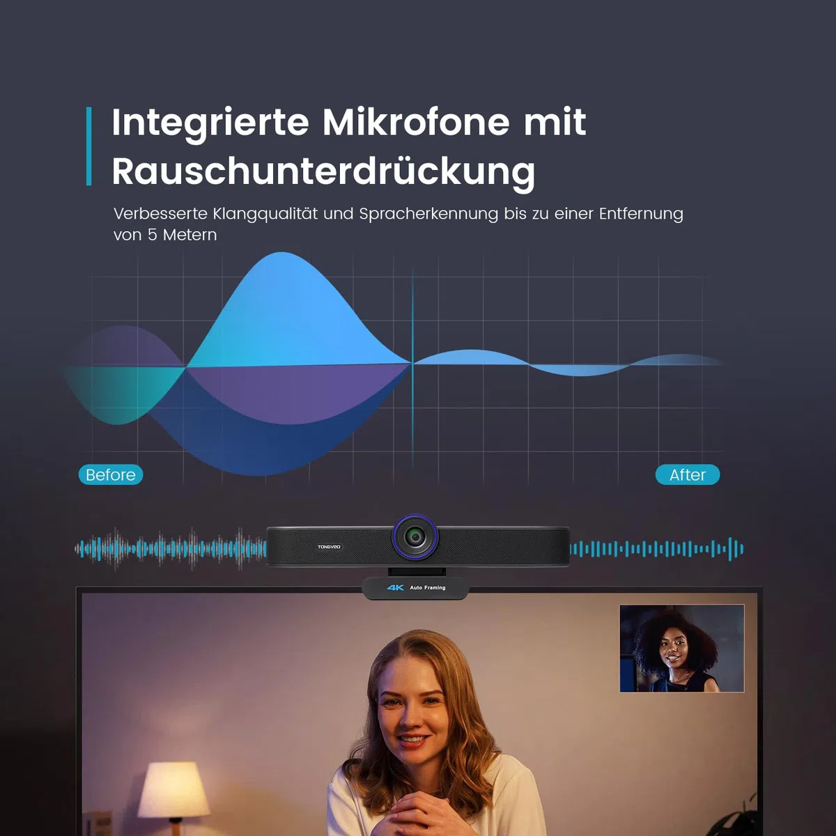 TONGVEO KI Webcam 4K à suivi automatique avec microphones et haut-parleurs, zoom numérique 5x, caméra Web ePTZ avec télécommande et deux microphones, webcam de conférence pour zoom, Skype, OBS