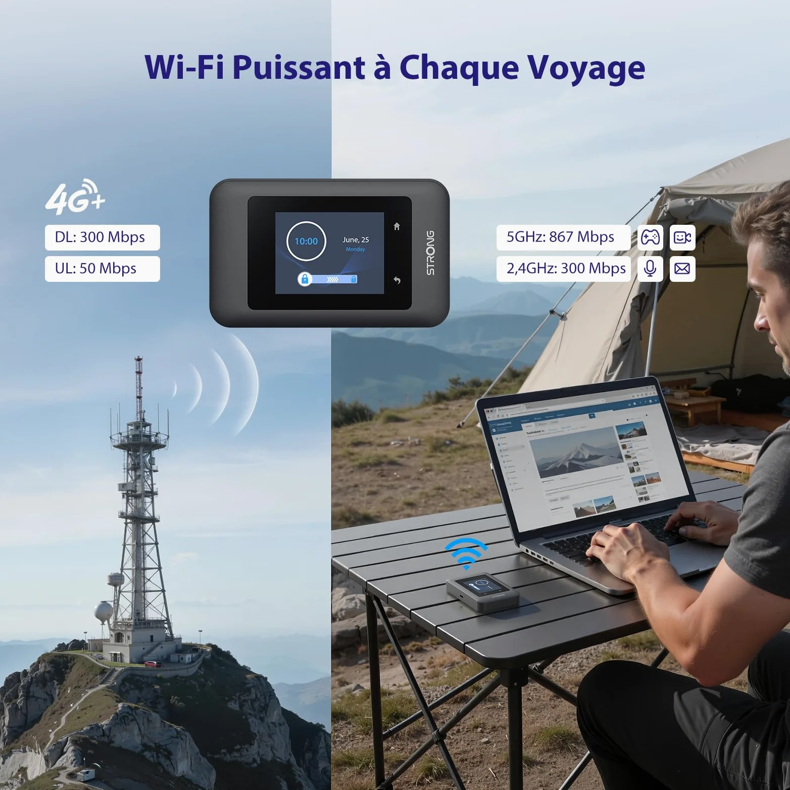 Strong 4G+ AIRSPOT 520 Routeur WiFi Portable avec SIM, CAT6 300 Mbps | Écran Couleur, WiFi AC900 Double Bande pour Voyage, Télétravail et Équipes, Partage la 4G+ avec 16 Appareils, USB-C