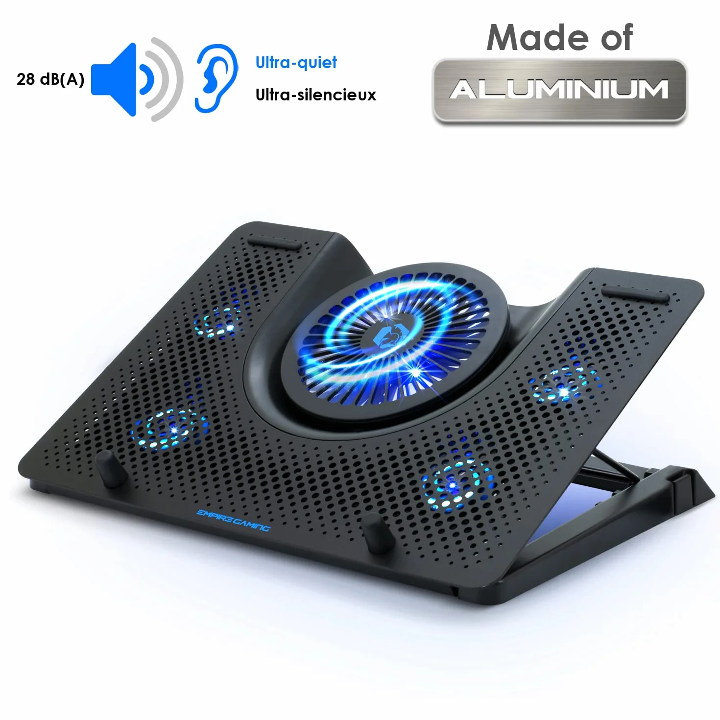 EMPIRE GAMING Turboost Aluminium Refroidisseur PC Ordinateur Portable Gamer 5 Ventilateurs Support 12-17 Pouces Rétroéclairage LED Bleu
