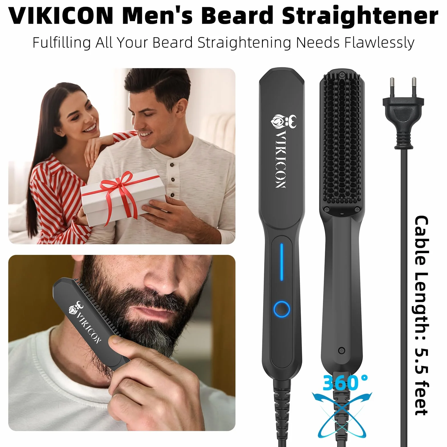 VIKICON Lisseur Barbe Homme, Mini Lisseur Cheveux Ions Négatifs, 3 Températures Réglables, Portable, Chauffage Rapide