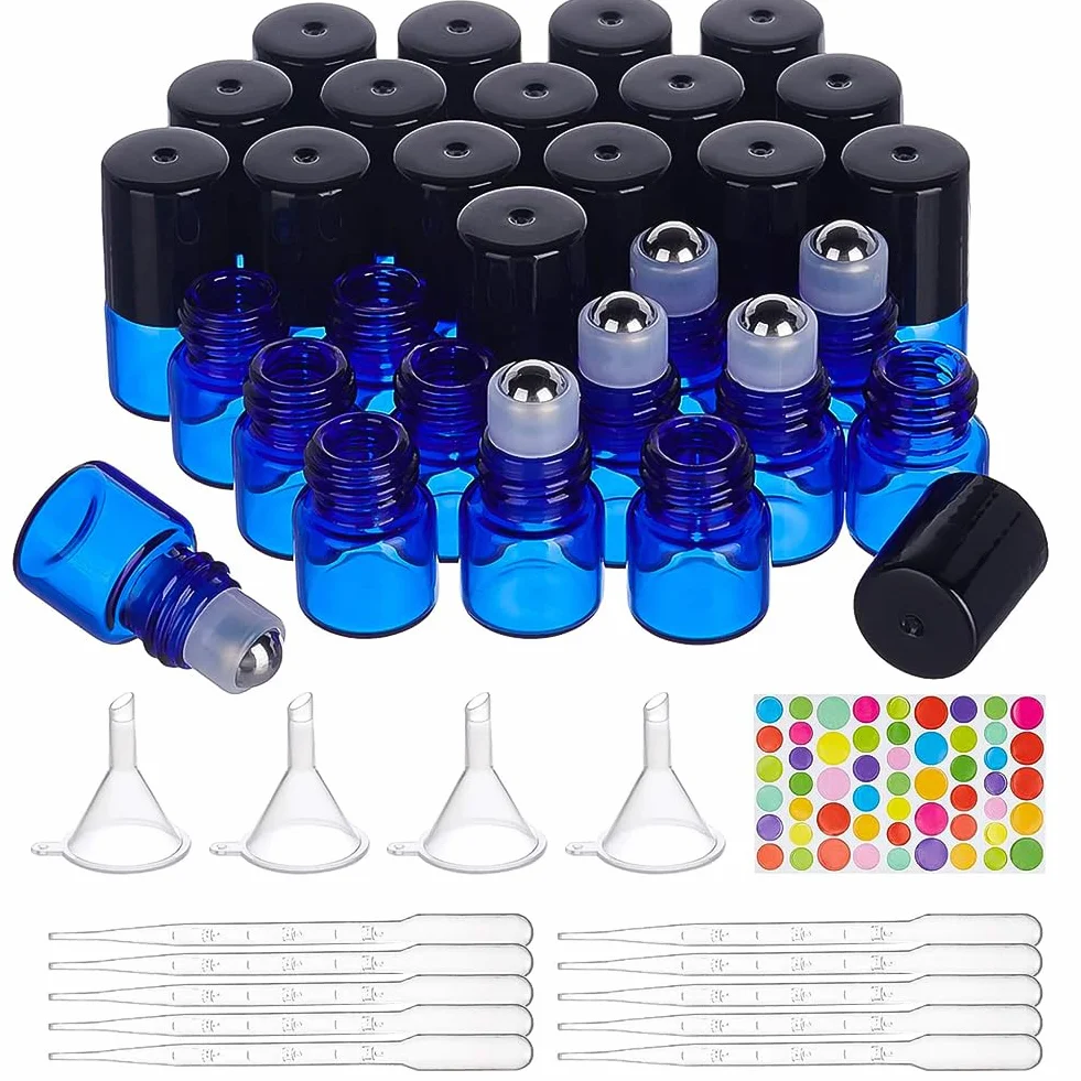 BENECREAT 30 Pack 1ml Bleu Bouteilles à rouler en verre Flacon roll-on huiles essentielles billes acier inoxydable