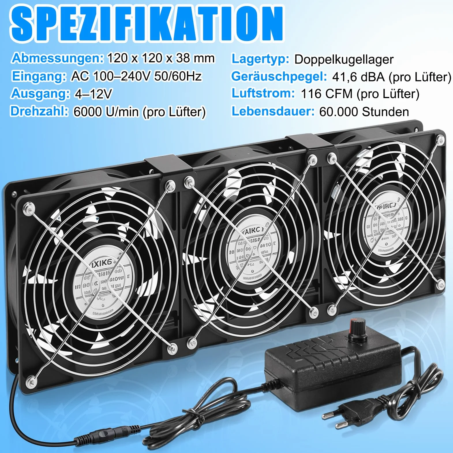 Joycabin Lot de 3 ventilateurs de 120 mm - Grand flux d'air - Avec régulateur de vitesse - 100 V-240 V CA - Double roulement à billes - 6000 tr/mi - Pour PC, serveur, armoire, serre
