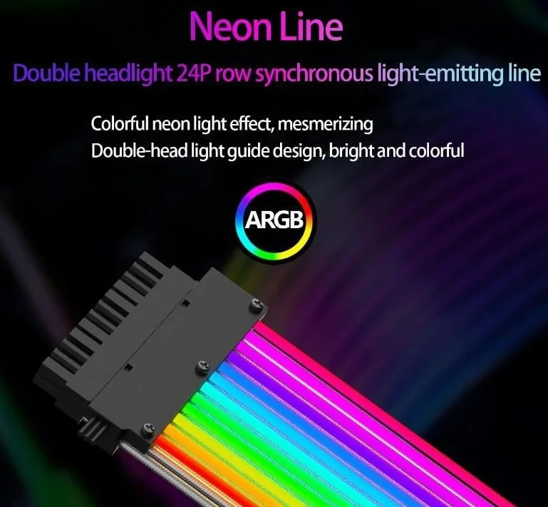 Câble Extension Alimentation Néon ARGB pour Carte Mère ATX 24 Broches + Double Câble GPU 8 Broches