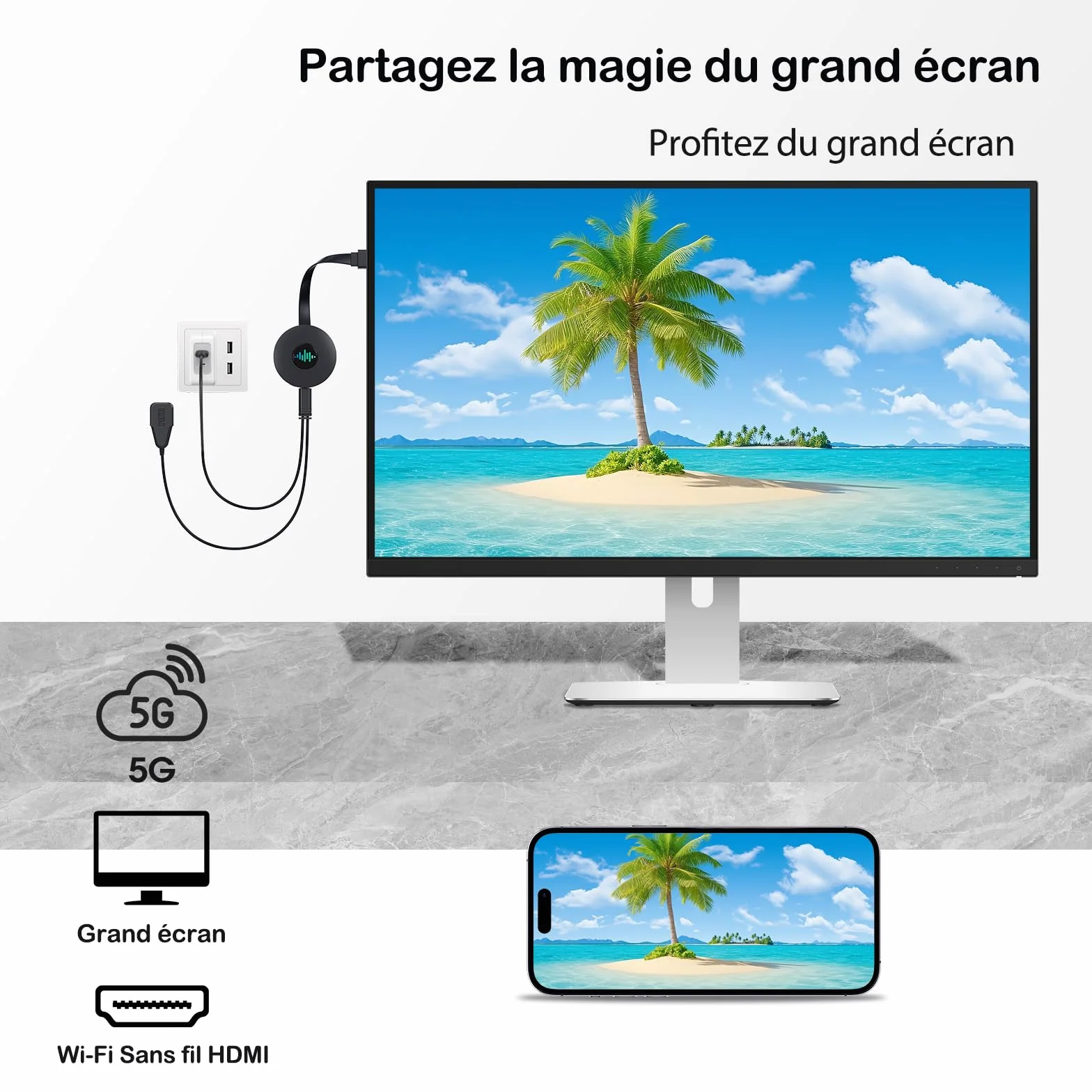 Miracast Dongle 4K 5G sans Fil HDMI pour iPhone iPad Android