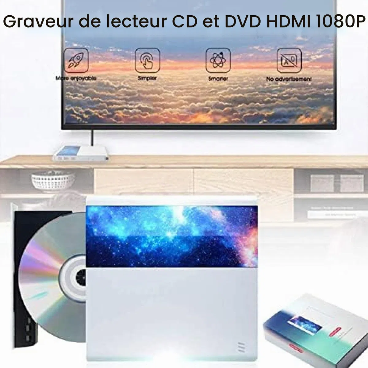 Lecteur DVD Portable, Lecteur DVD Externe USB 3.0 / USB-C avec Graveur CD/DVD HDMI 1080P pour Ordinateurs, Téléviseurs, Ordinateurs Portables,Picturesque234