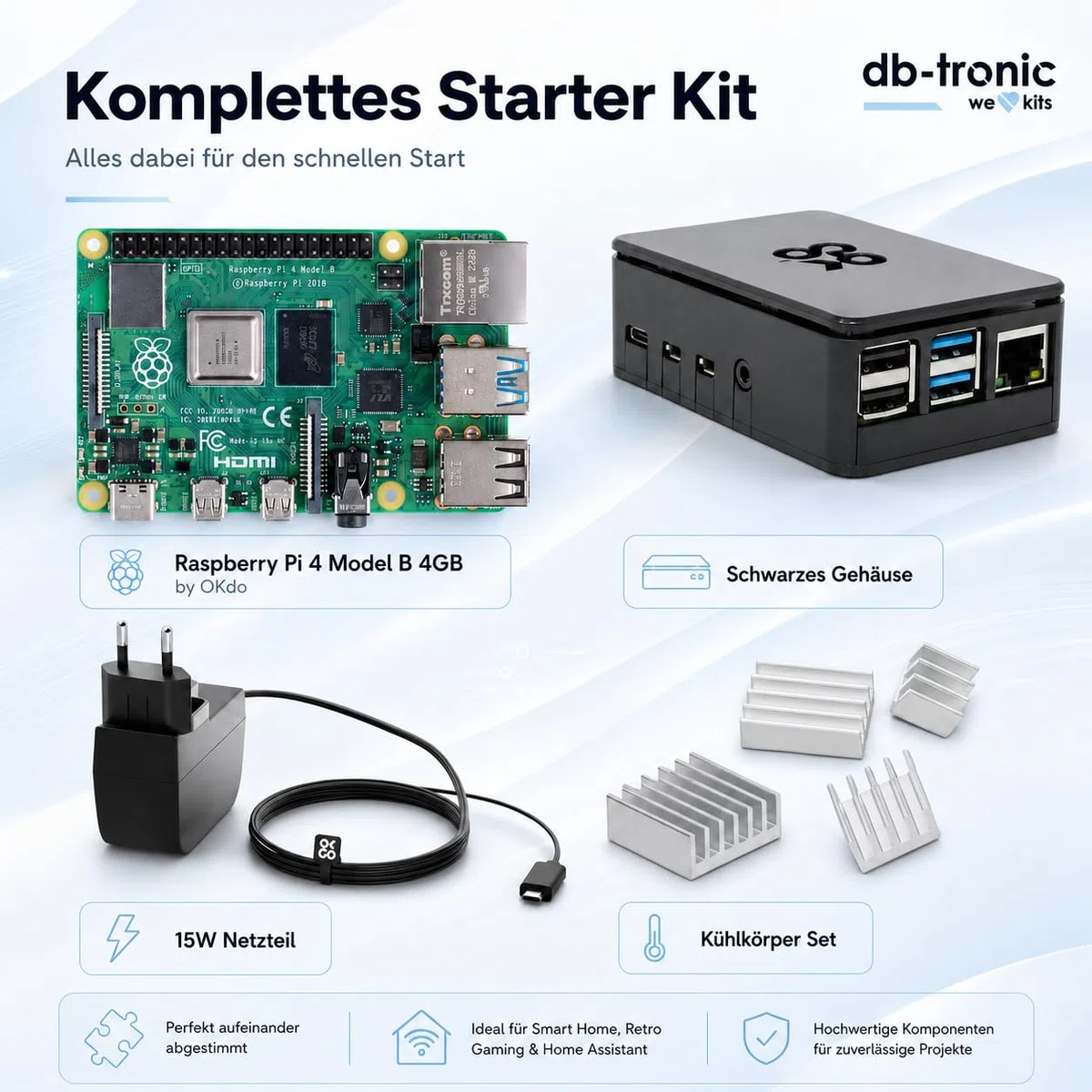 db-tronic OKdo Raspberry Pi 4 Model B Kit de démarrage 4 Go - Bloc d'alimentation 15 W - Boîtier noir - Dissipateur thermique - Idéal pour la maison intelligente, le jeu rétro et l'assistant à