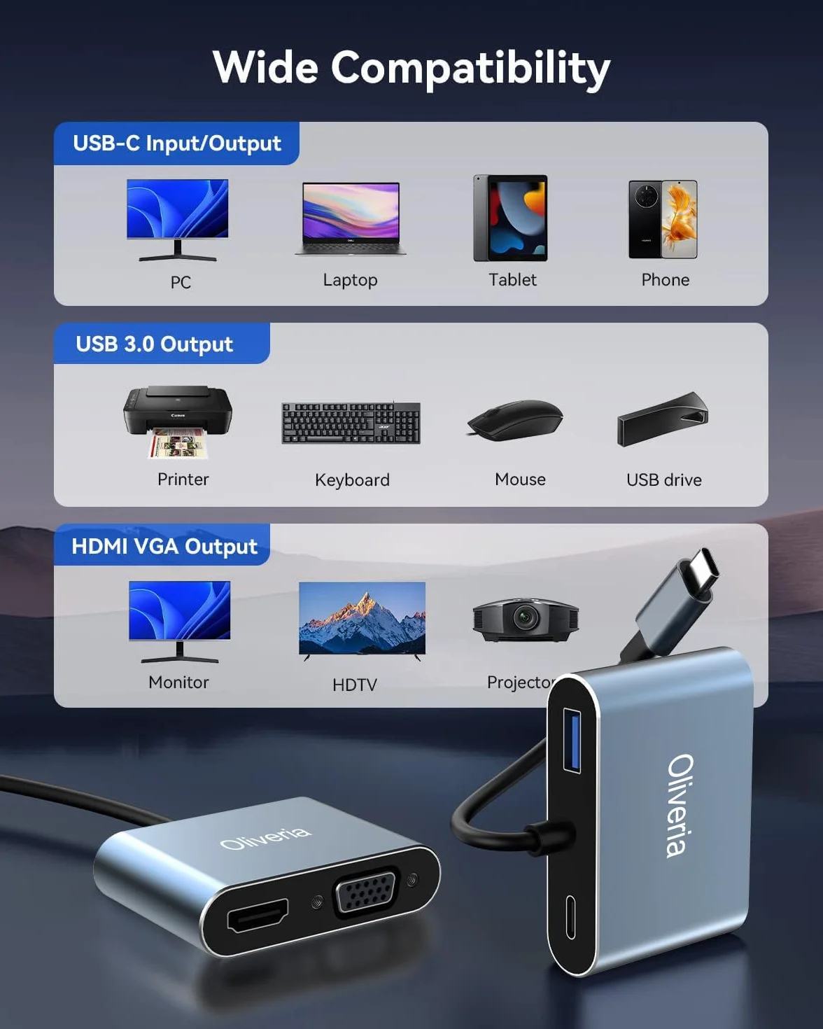 Oliveria Adaptateur multiport USB C 4 en 1 4K 30 Hz HDMI VGA Thunderbolt 3 PD 100 W USB 3.0