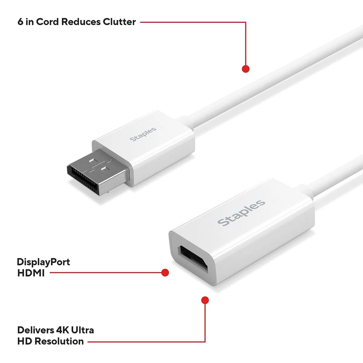 Staples Tech Adaptateur Audio/vidéo DisplayPort vers HDMI, mâle vers Femelle, Blanc (ST62362)