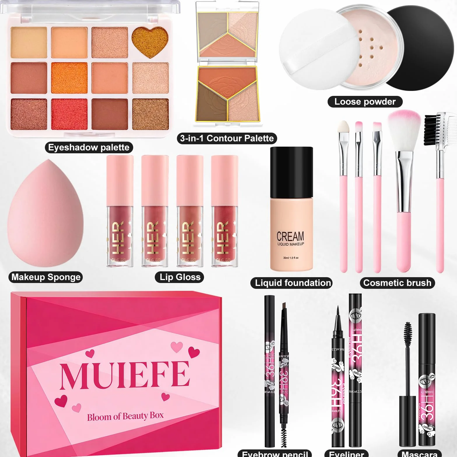Coffret Maquillage Femme Kit Complet avec Palette Yeux Fond de Teint Mascara Gloss Lèvres Crayon Sourcil Eyeliner Pinceau