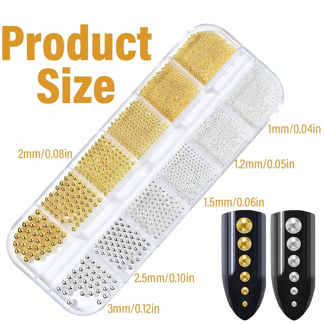 Perles à dos plat pour nail art, Lot de 2 boîtes en acier doré et argenté, 3D petite perle design deco ongle