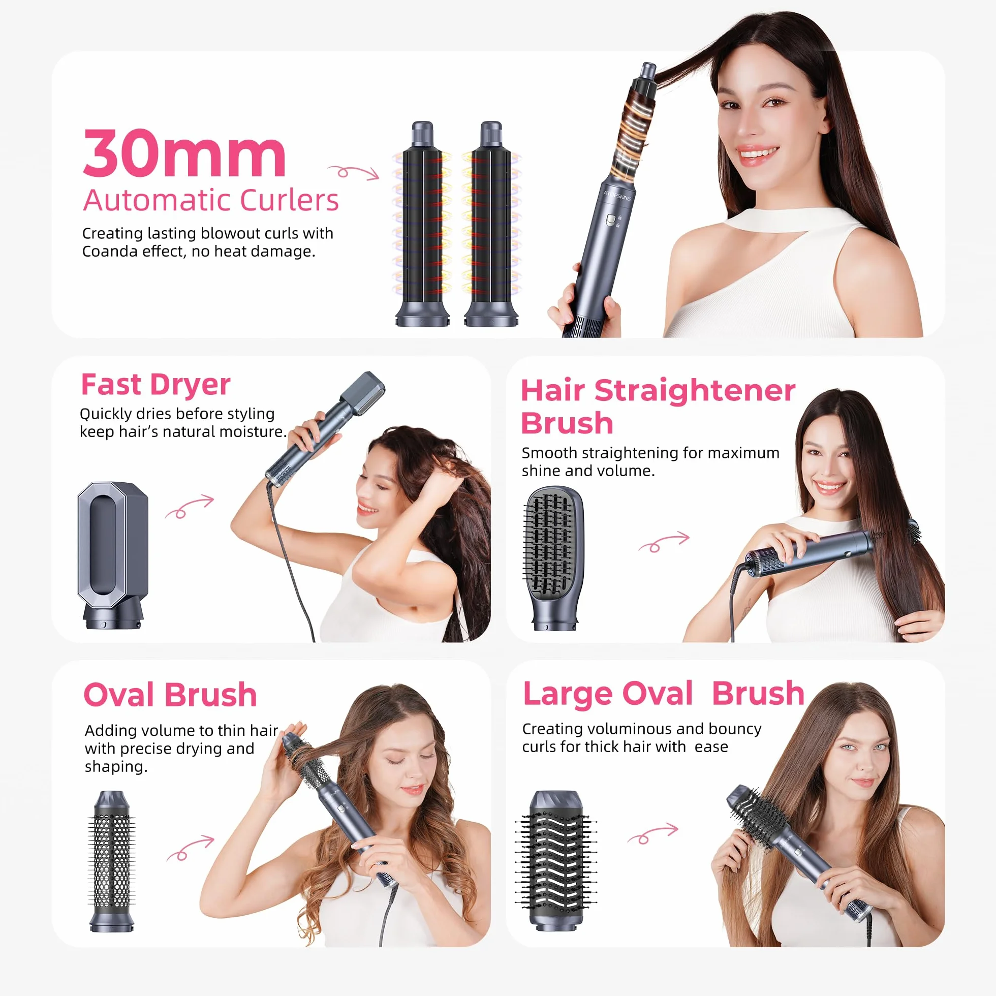 Atopskins Air Styler 6 en 1 Airbrush Pro Cheveux Hair Styler Brosse Soufflante Sécher Boucler Lisser
