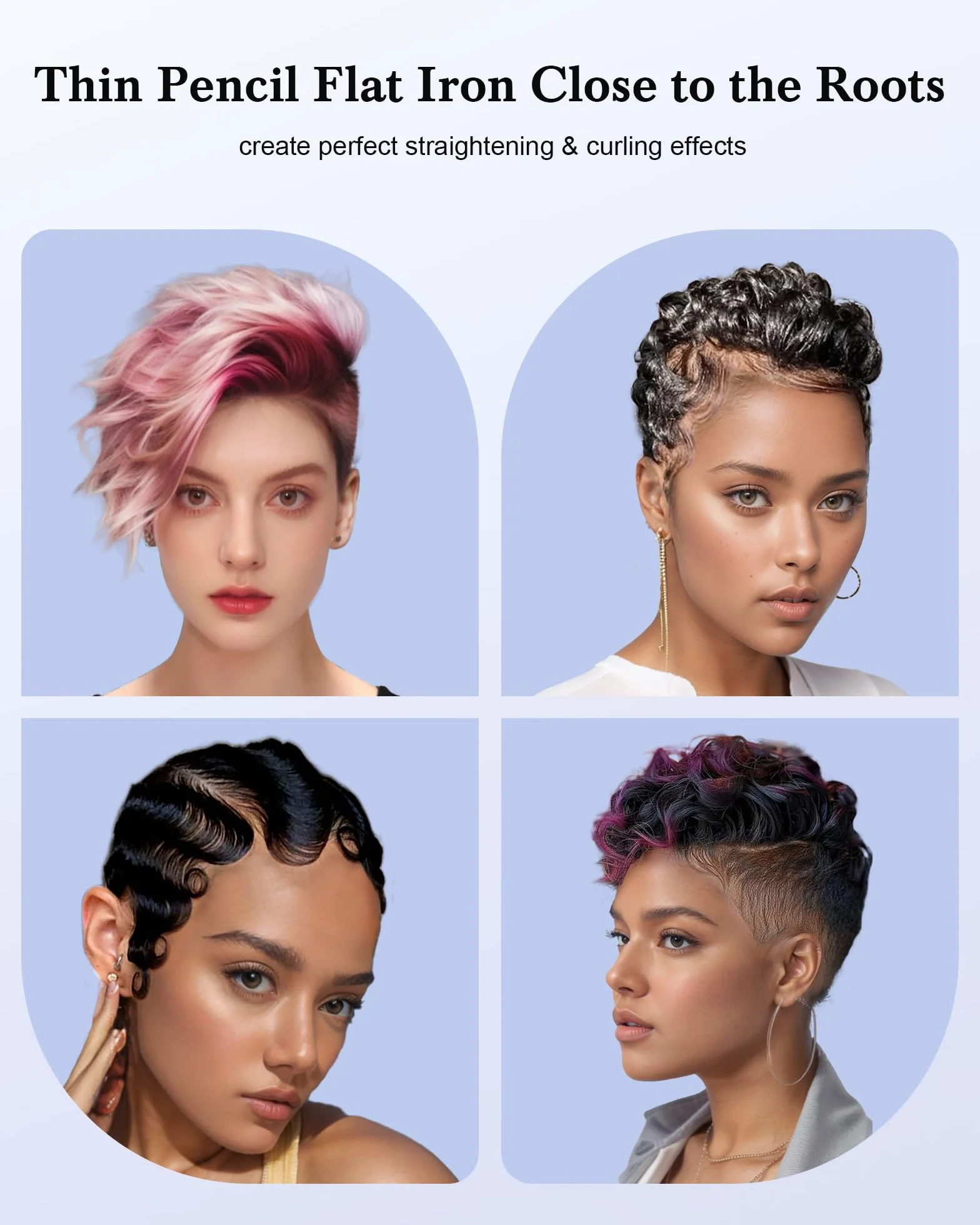 Mini Lisseur Cheveux Courts 2 en 1, Fer à Lisser et Boucler 3/10 Pouce, 9 Températures 90-220°C, Chauffage Rapide 15s, Double Voltage Voyage