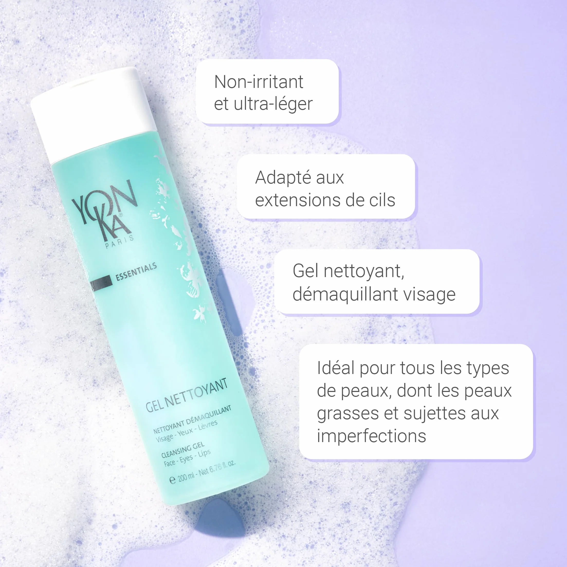 Yonka Gel Nettoyant Moussant 200ml Démaquillant Visage Yeux Lèvres Peaux Mixtes à Grasses