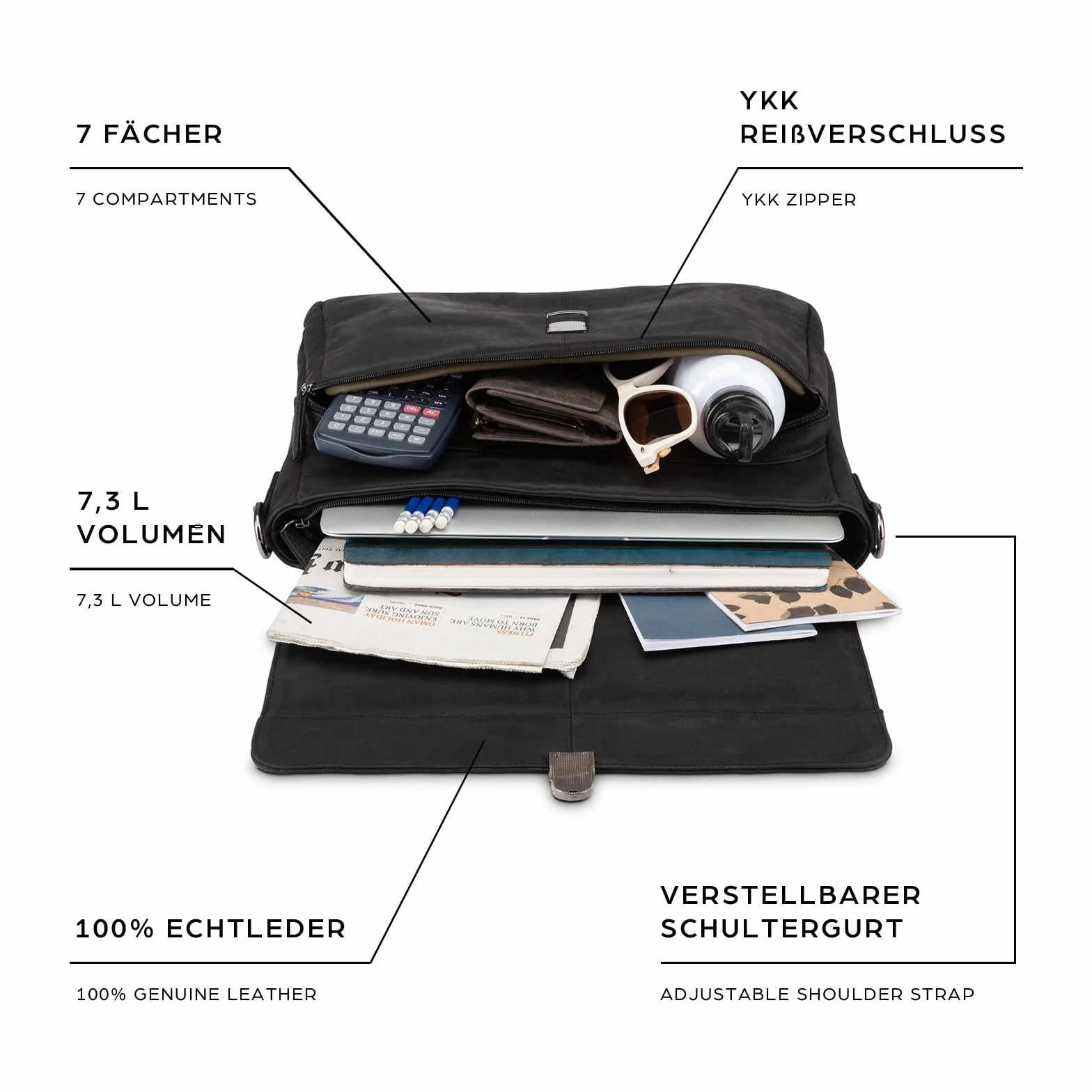 LEABAGS Sac à bandoulière en cuir pour hommes et femmes | Sac pour ordinateur portable jusqu'à 15 pouces | Sangle d'épaule | Sac messager | Sac de travail | Sac d'enseignant