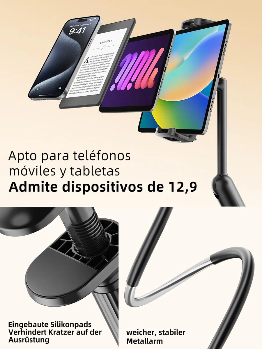 SAIJI Support Col de Cygne 120 cm pour Tablette et Téléphone, Support de Lit Réglable à Une Main, Compatible avec iPad, iPhone, Kindle Fire 4.7" à 12.7"