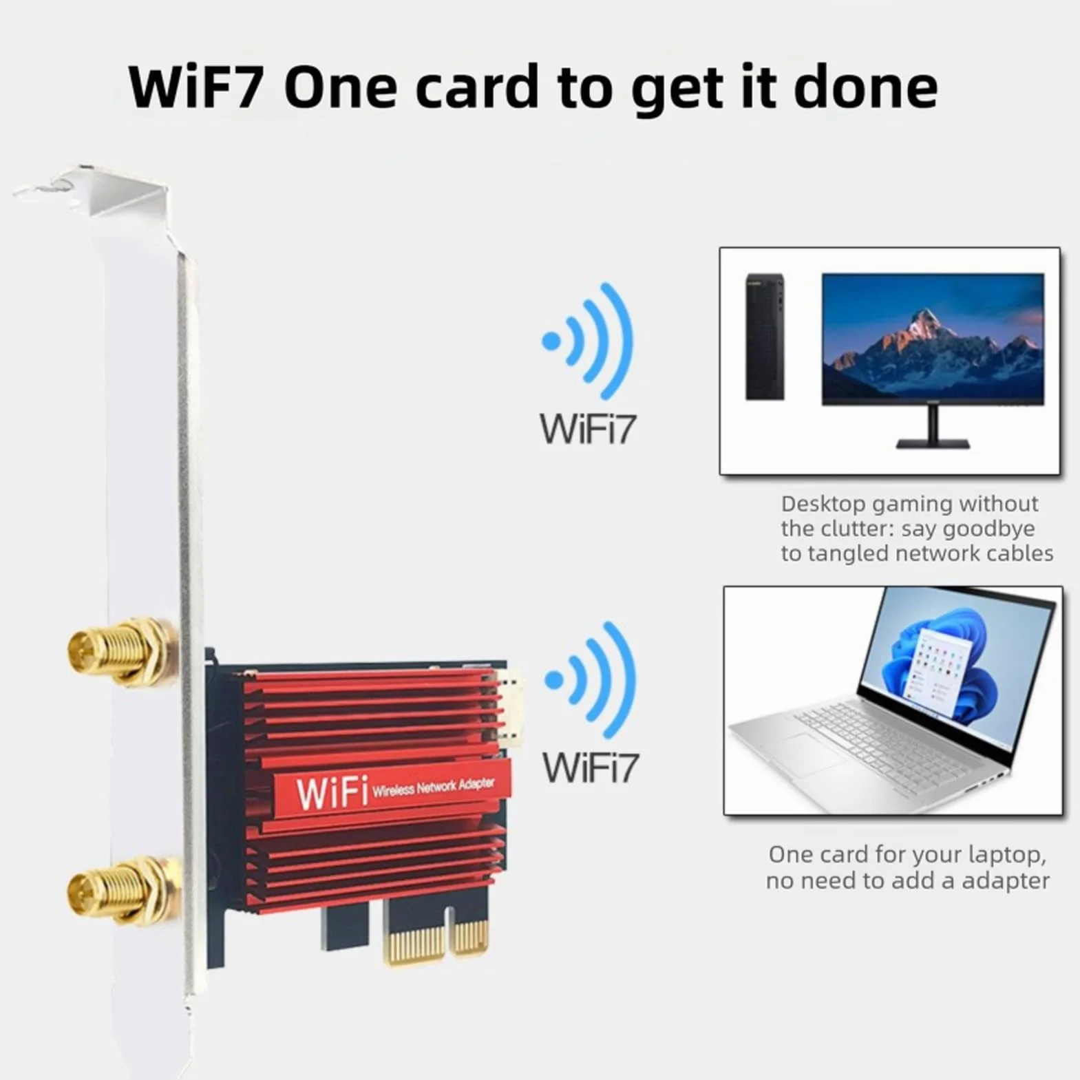 KIMISS Carte Réseau Fil WiFi 7 PCIe, Adaptateur Bande 6G/5G/2.4G pour 10/11, Prise en Charge Bluetooth 5.4, Haute Vitesse 2880 Mbps