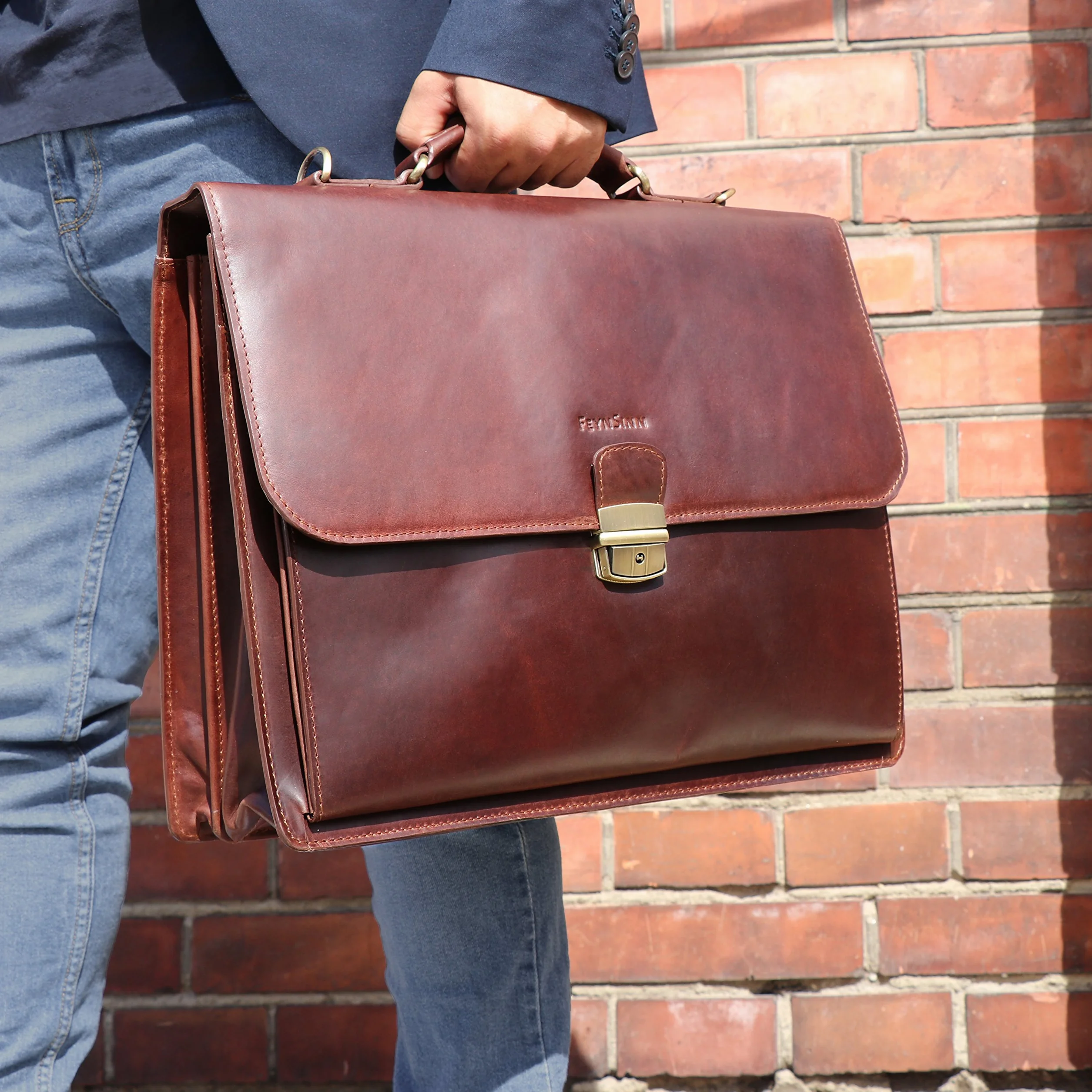 Serviette Ordinateur Cuir véritable 15.4 Pouces Emilio Cartable Porte-Document attaché-Case XL Grand pour Hommes Sac bandoulière Travail Marron