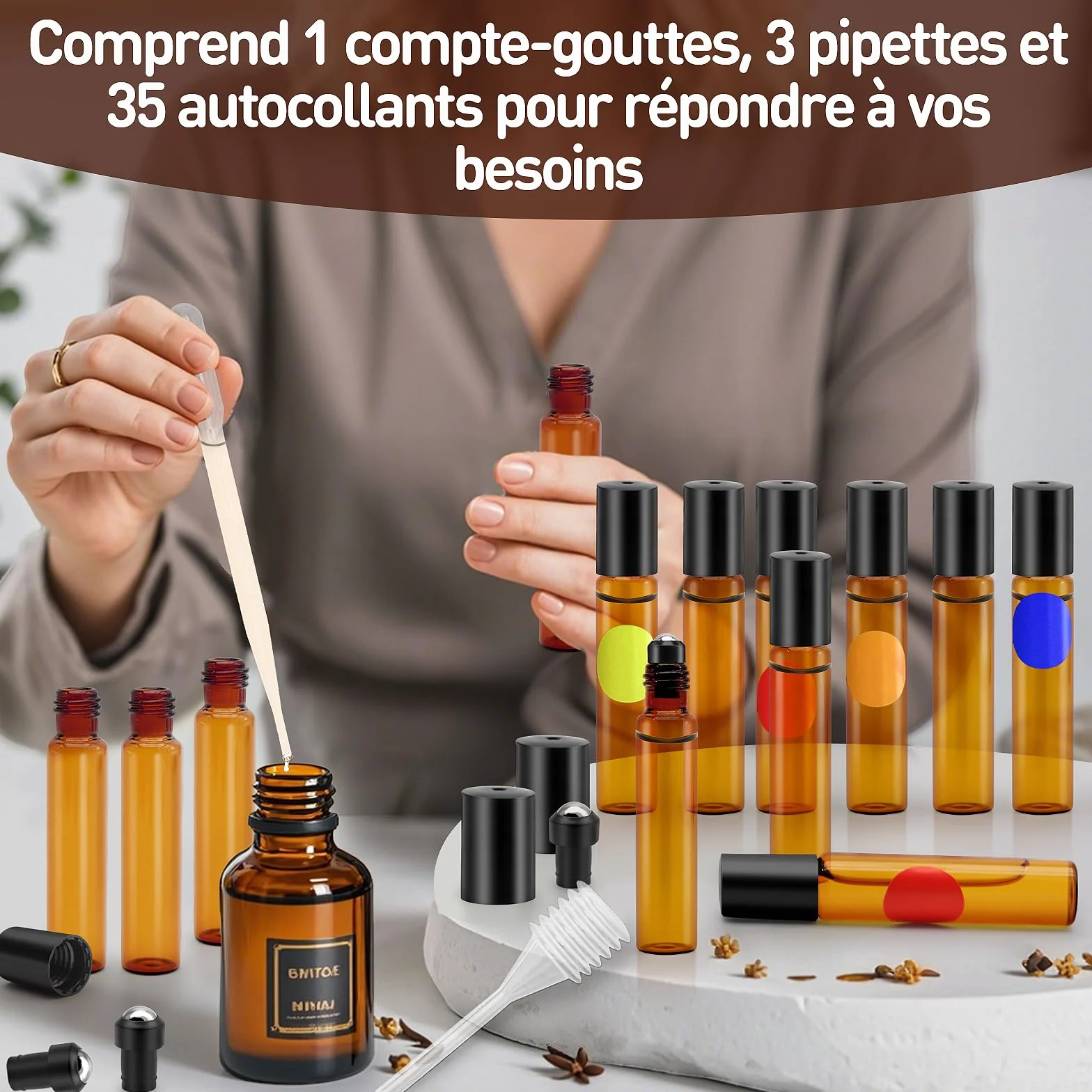 Flacon Roll On Vide 10ml Verre Couleur Thé avec Bille en Acier Inoxydable Rechargeable pour Cosmétiques Parfums