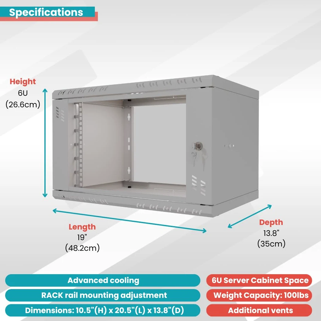 Armoire Réseau 19 Pouces - Baie Informatique 6U - Baie de Brassage pour Montage Mural - Capacité de Charge 40 kg - Profondeur 350 mm - Armoire Informatique - Gris