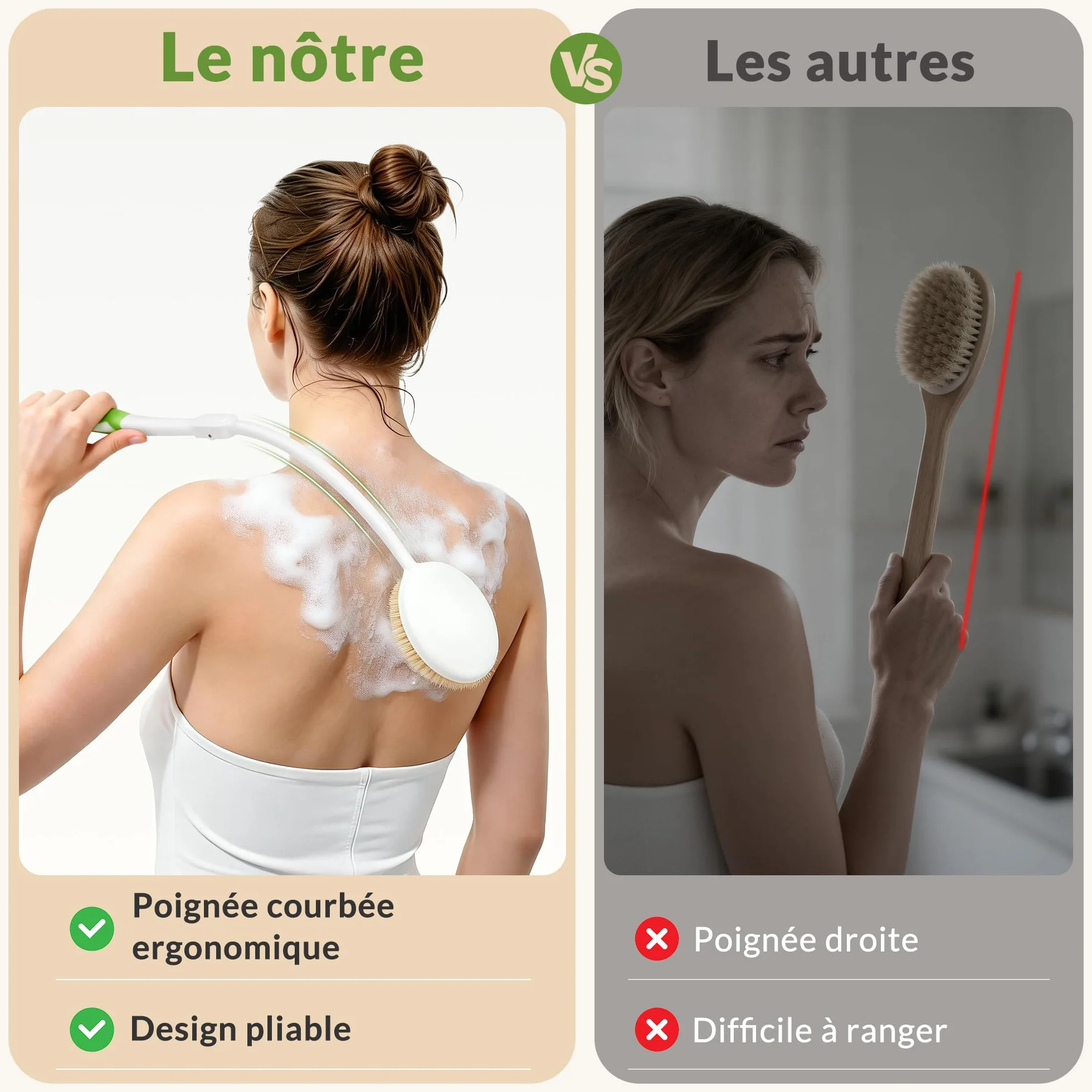 Brosse Dos Douche Pliable Long Manche – Brosse Douche Dos Poils Souples Serviette Incluse Ergonomique Nettoyage Corps Entier