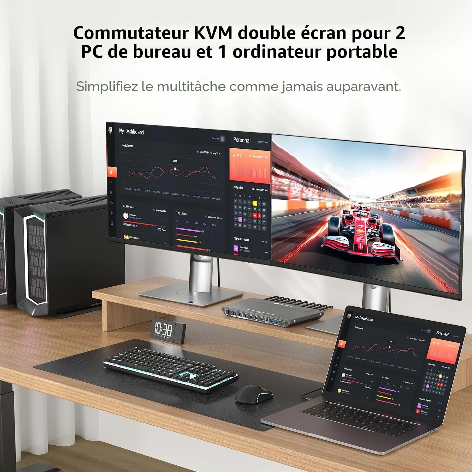 AV Access Station d'accueil Commutateur KVM pour 1 ordinateur portable et 2 PC de bureau, double moniteurs 4K@60Hz, émulation EDID, charge USB-C 100W,1G Gigabit, taux de rafraîchissement élevé